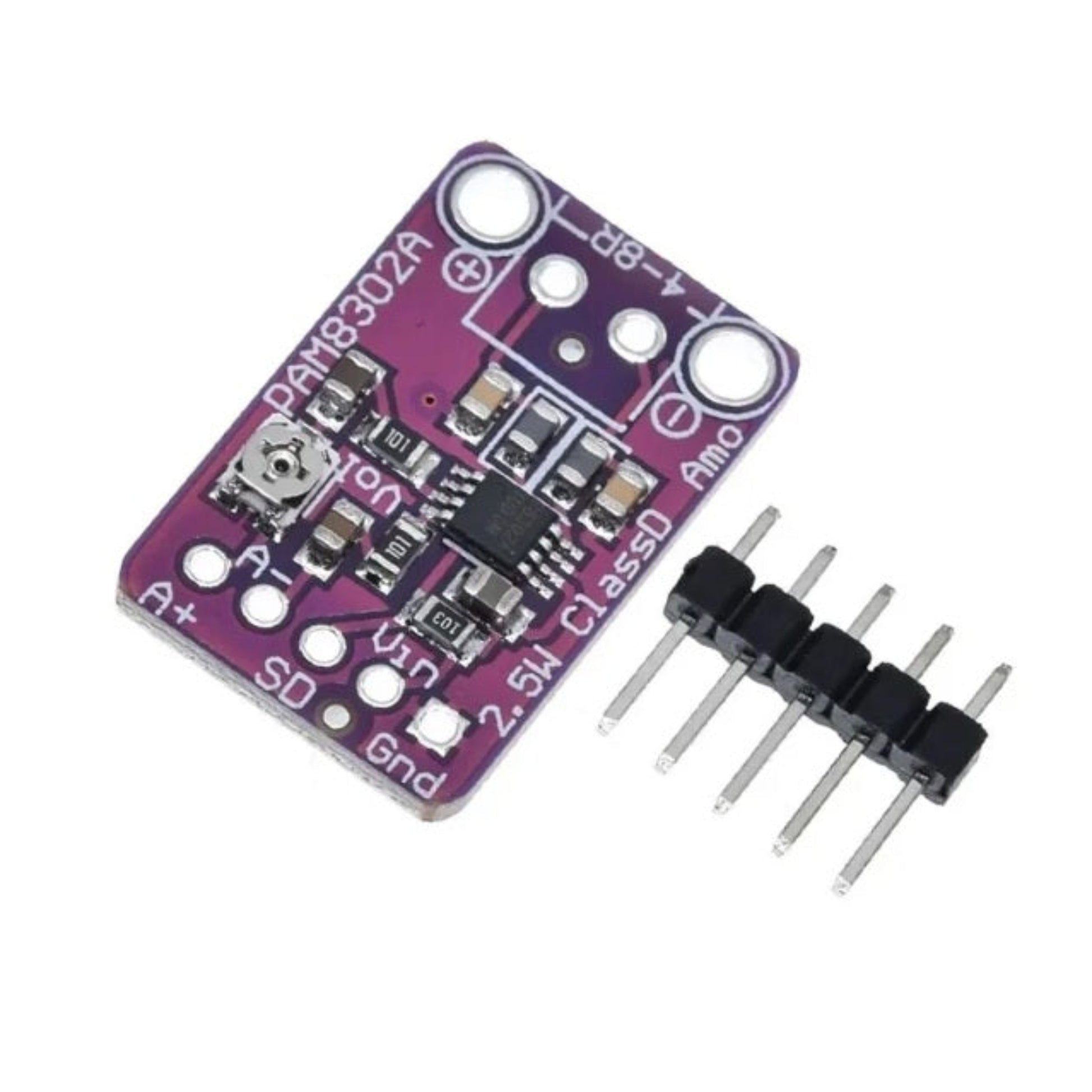 Top view of the PAM8302A 2.5W Mono Class D Audio Amplifier Module showing the chip and pins.