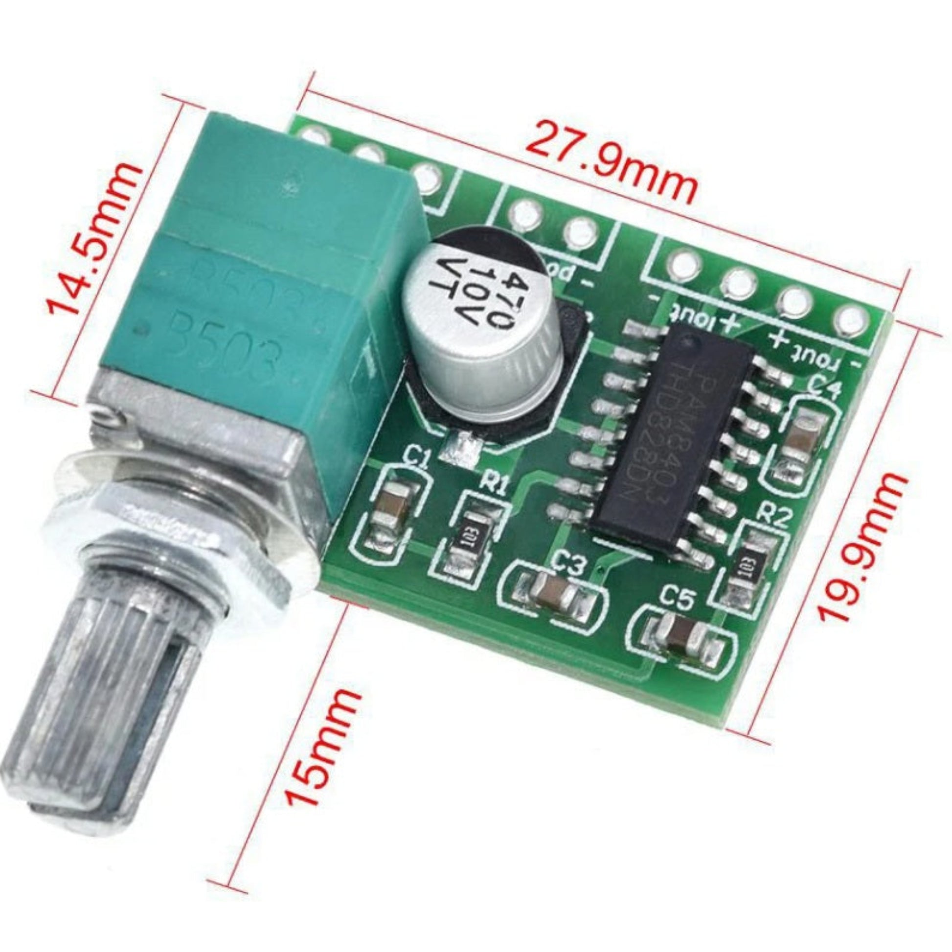 Dimensions and size specifications of PAM8403 amplifier board