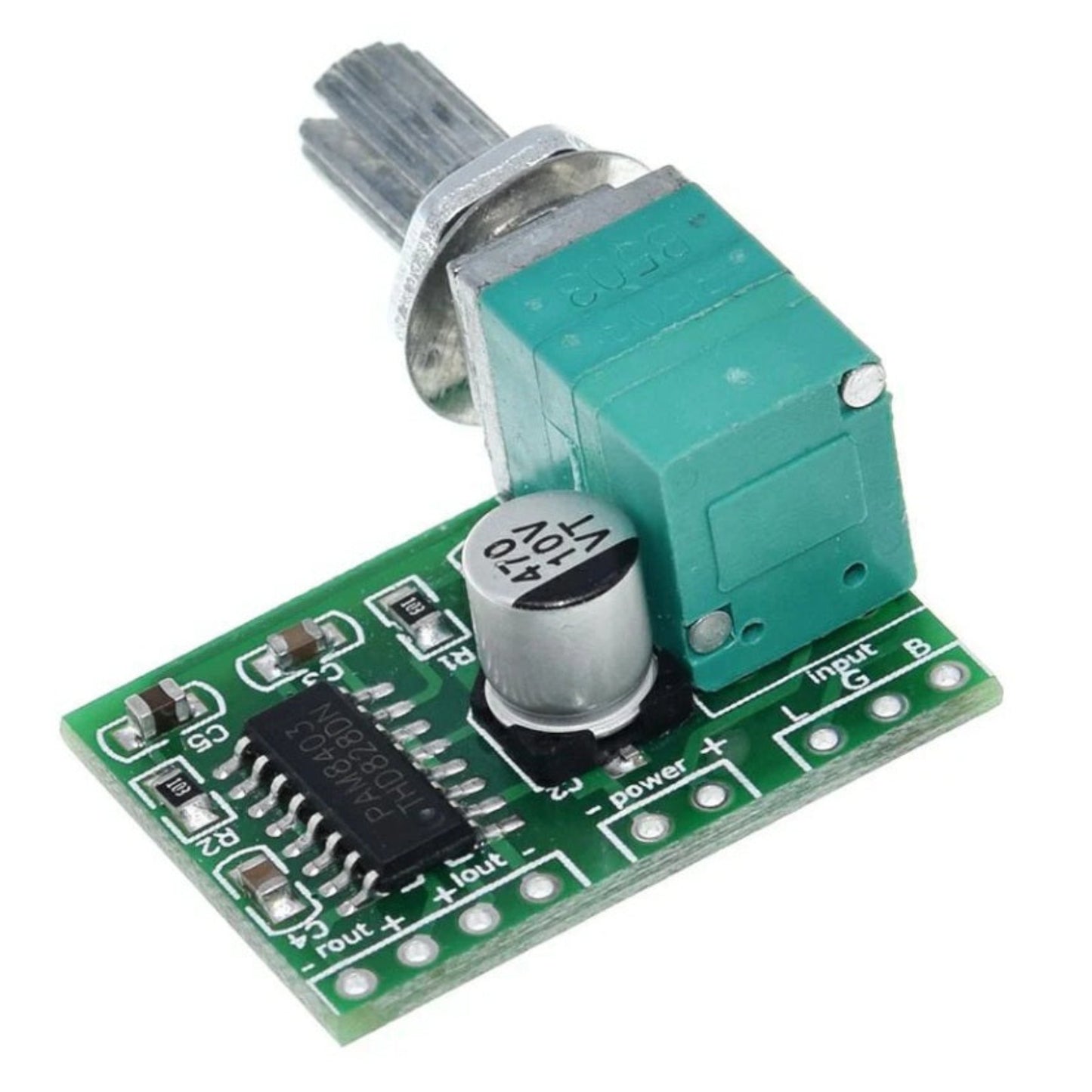 Side view of PAM8403 module showing capacitor and volume dial