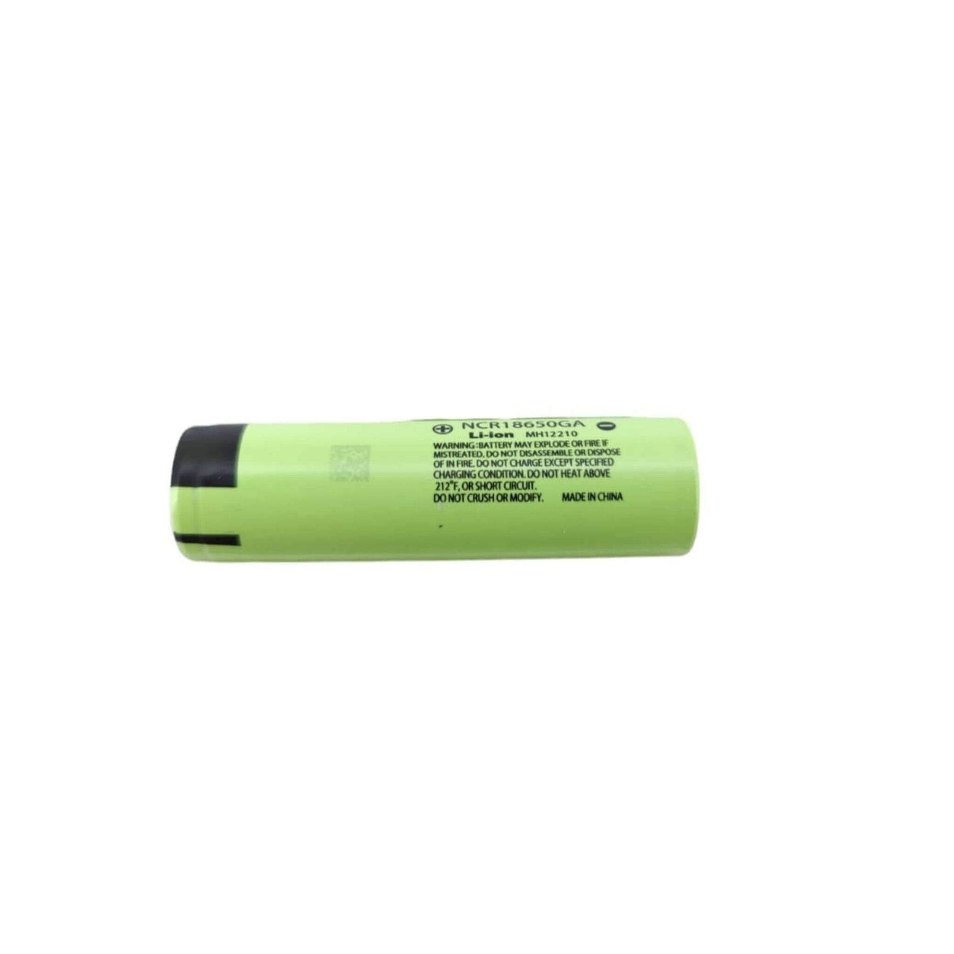 Panasonic NCR18650GA 18650 lithium rechargeable battery, 3450mAh capacity, green casing, side view.