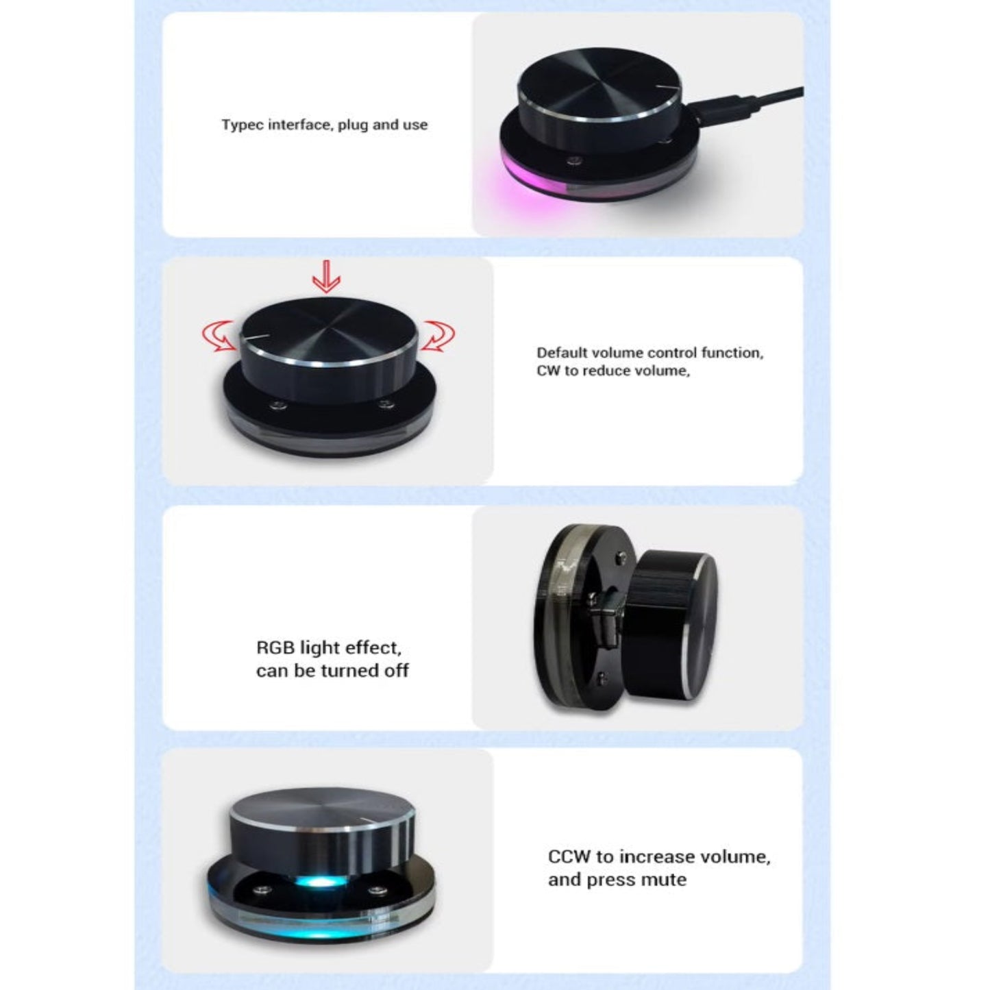 Diagram showing how to rotate and press the USB-C volume knob for mute and audio control.