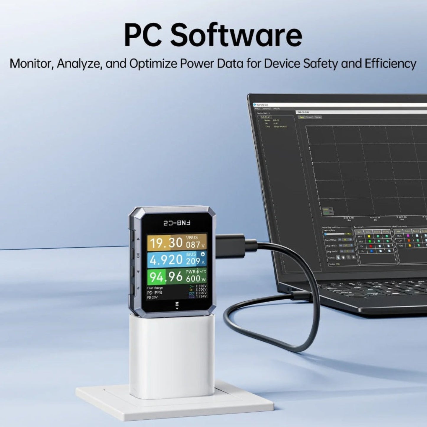 FNIRSI FNB-C2 connected to a laptop running PC software for monitoring and optimizing power data.