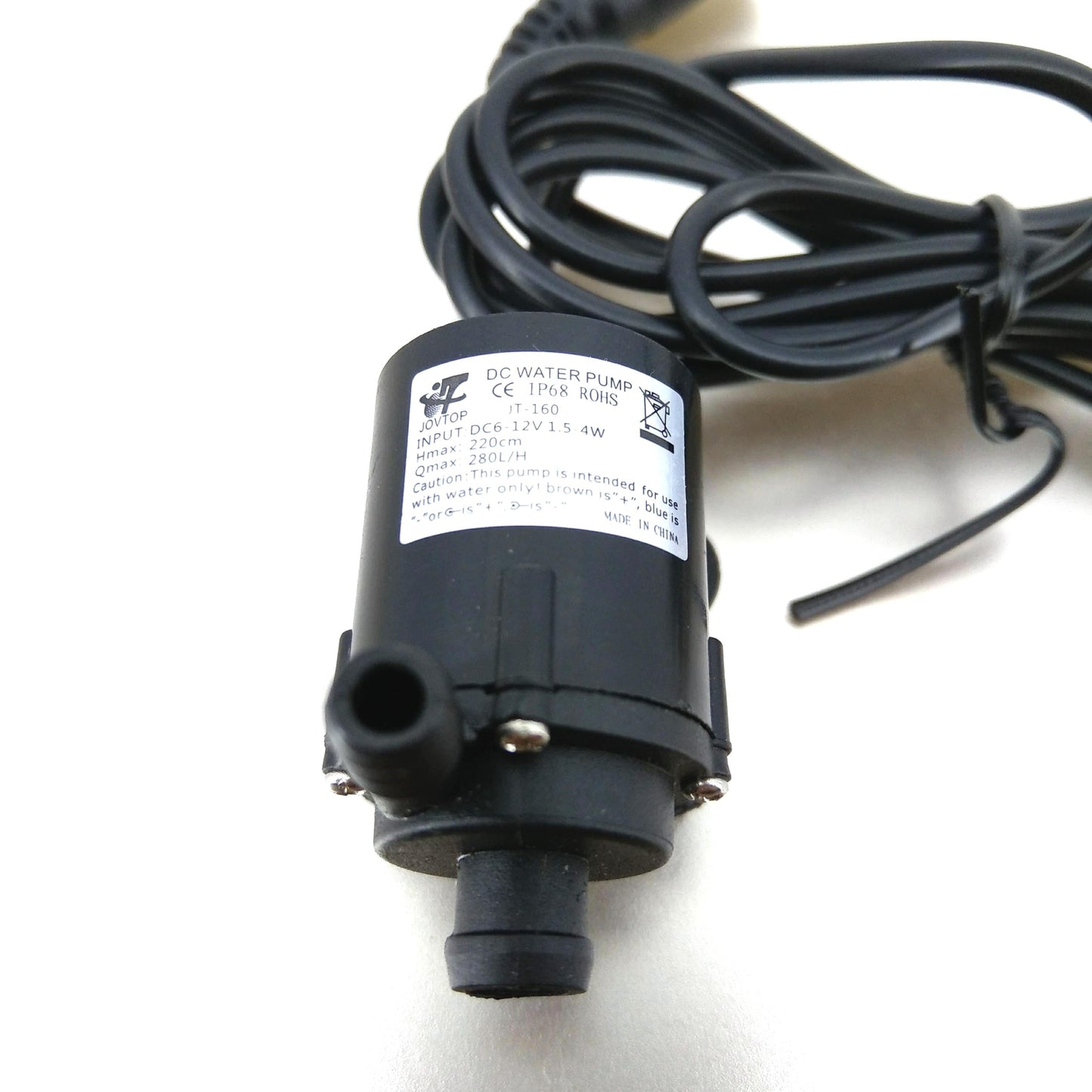 Label on JT-160 water pump detailing 12V, 1.5-4W, and IP68 rating.