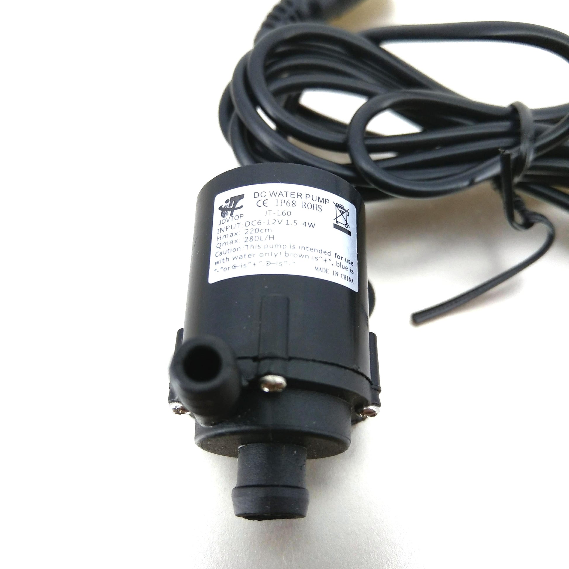 Label on JT-160 water pump detailing 12V, 1.5-4W, and IP68 rating.