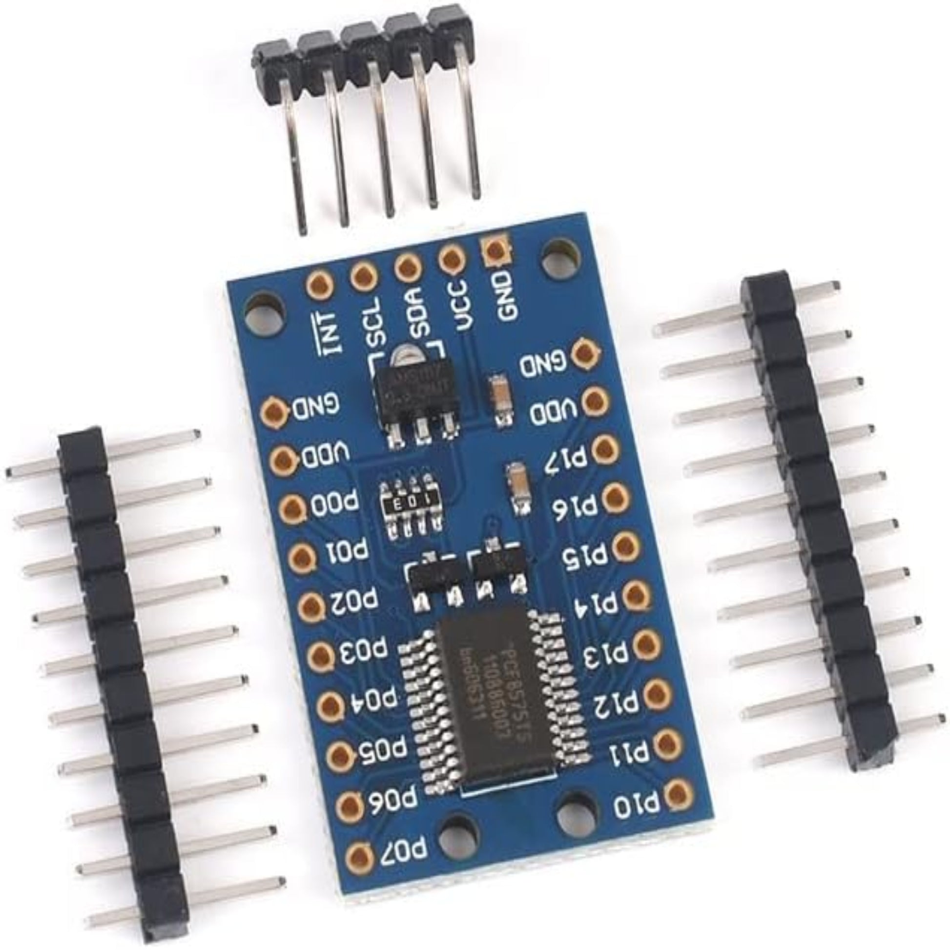 PCF8575 I2C module for Arduino with 16 I/O pins, level converter, and pin headers.