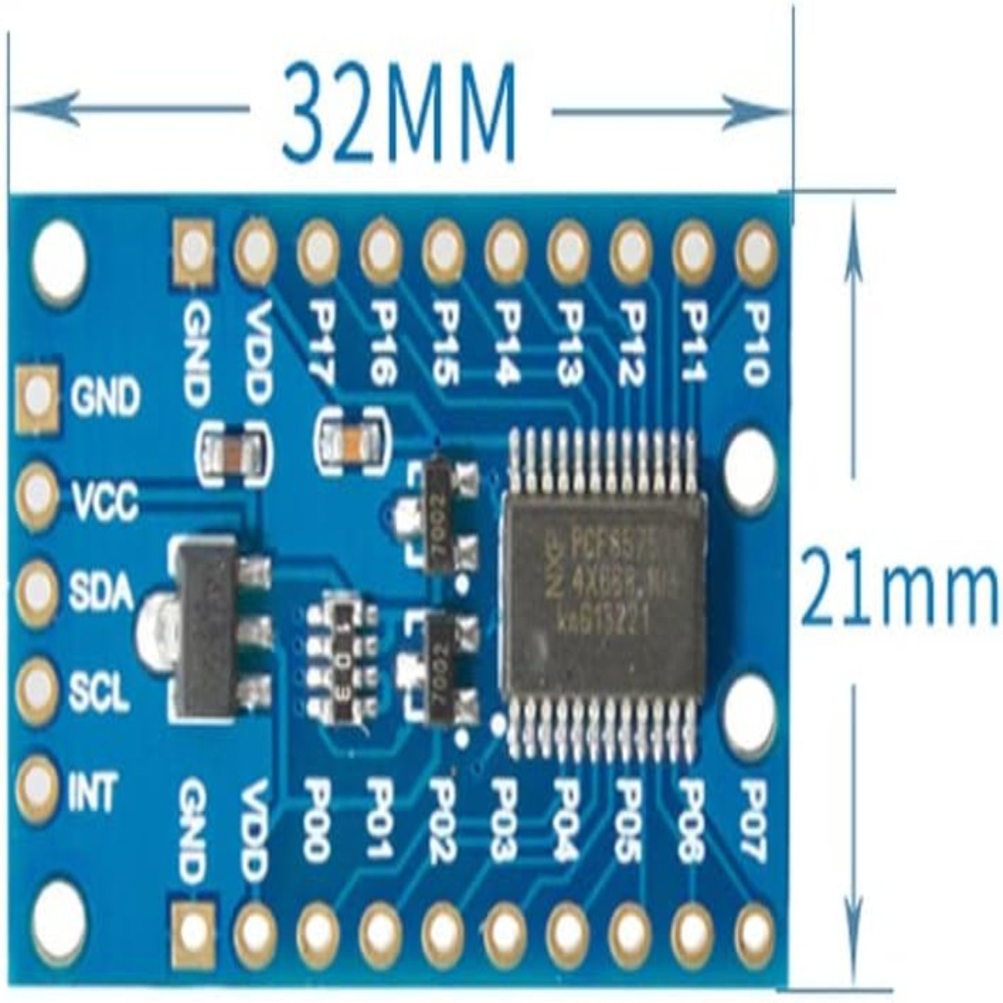 PCF8575 I2C module for Arduino with 16 I/O pins, dimensions 32mm x 21mm, featuring GND, VCC, SDA, SCL.