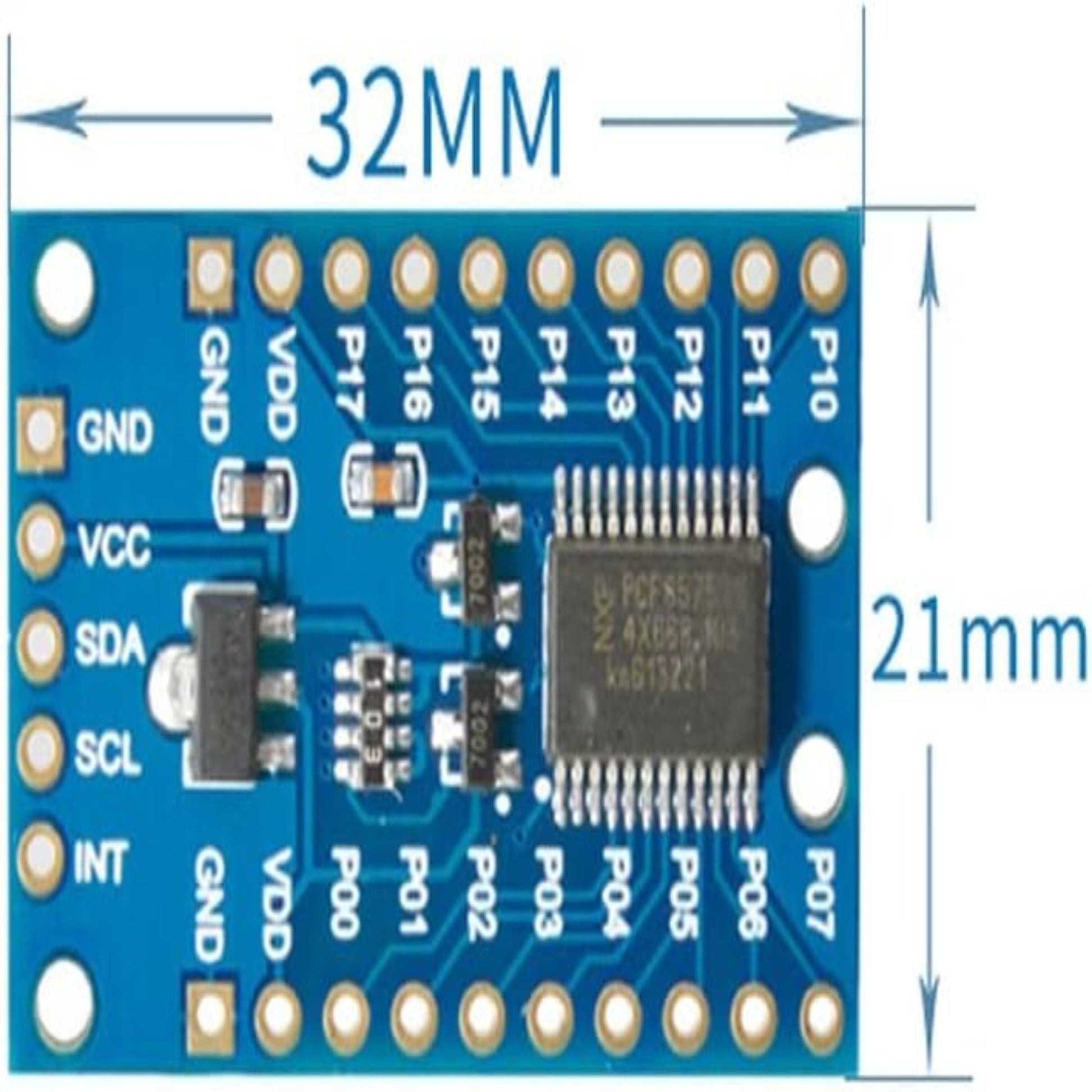 PCF8575 I2C module for Arduino with 16 I/O pins, dimensions 32mm x 21mm, featuring GND, VCC, SDA, SCL.
