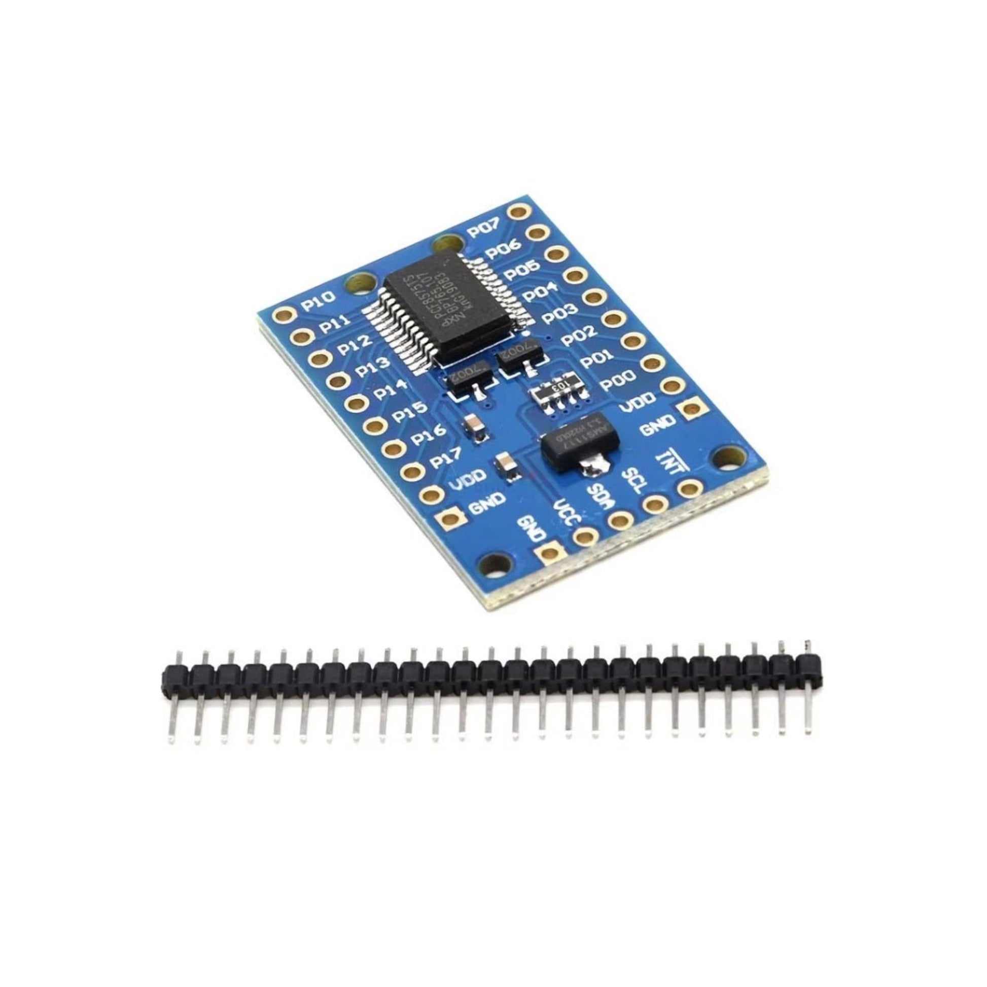 PCF8575 16 bits I2C module for Arduino with 16 I/O pins and a header strip for easy connection.