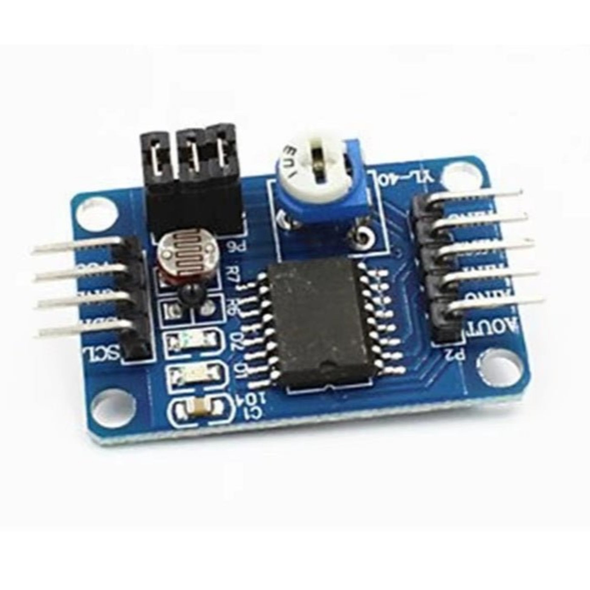 PCF8591 digital to analog converter module showing analog inputs, output, and I2C interface pins.