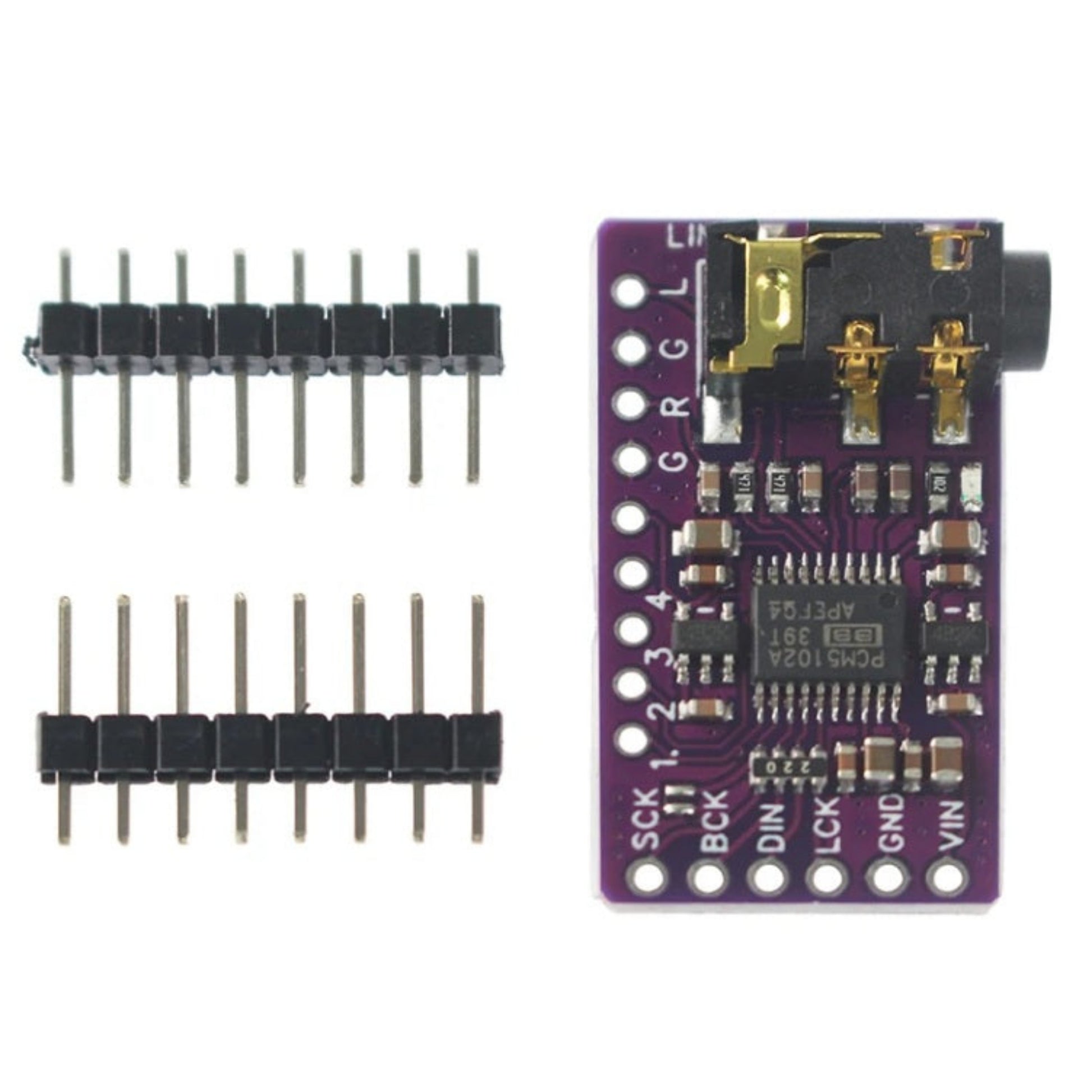 Top view of PCM5102 DAC module with gold-plated audio jack and pin headers.