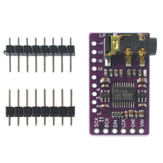 Top view of PCM5102 DAC module with gold-plated audio jack and pin headers.