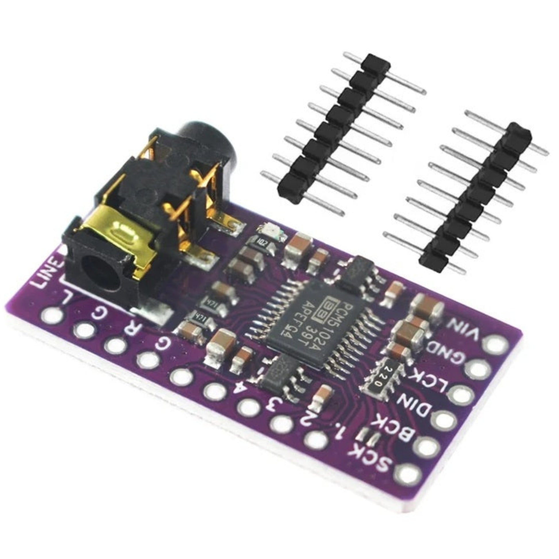 GY-PCM5102 I2S DAC Decoder Board angled view showing 3.5mm jack and PCM5102A chip.