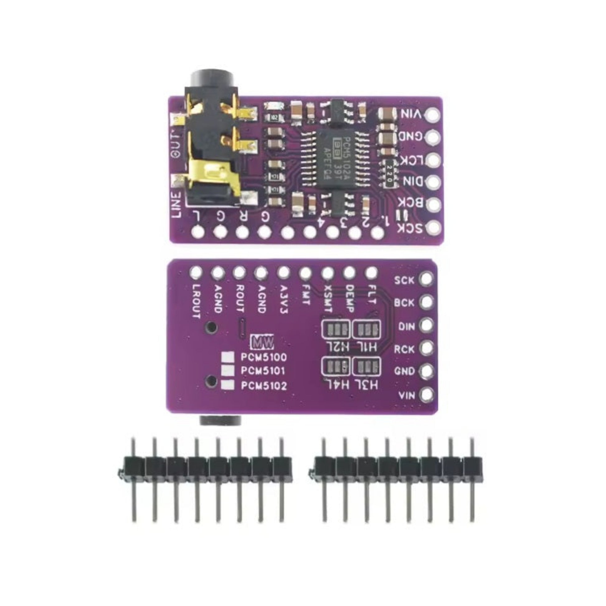Complete kit view of PCM5102 DAC board including front and back layout with pin headers.