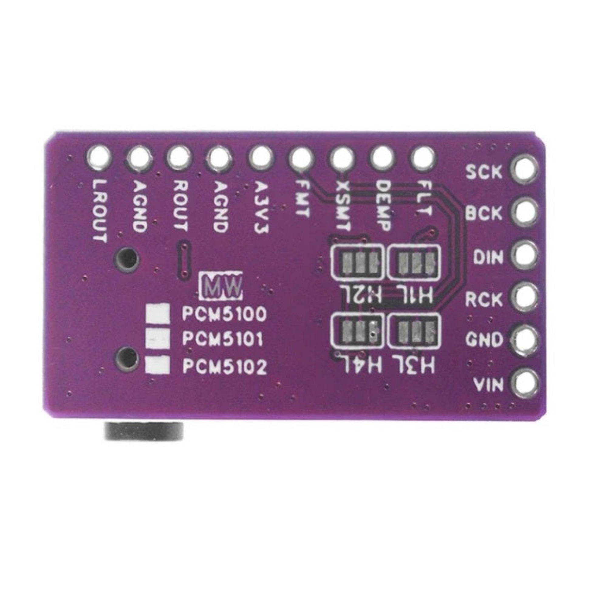 Bottom PCB view of GY-PCM5102 showing pinout labels and soldering pads.