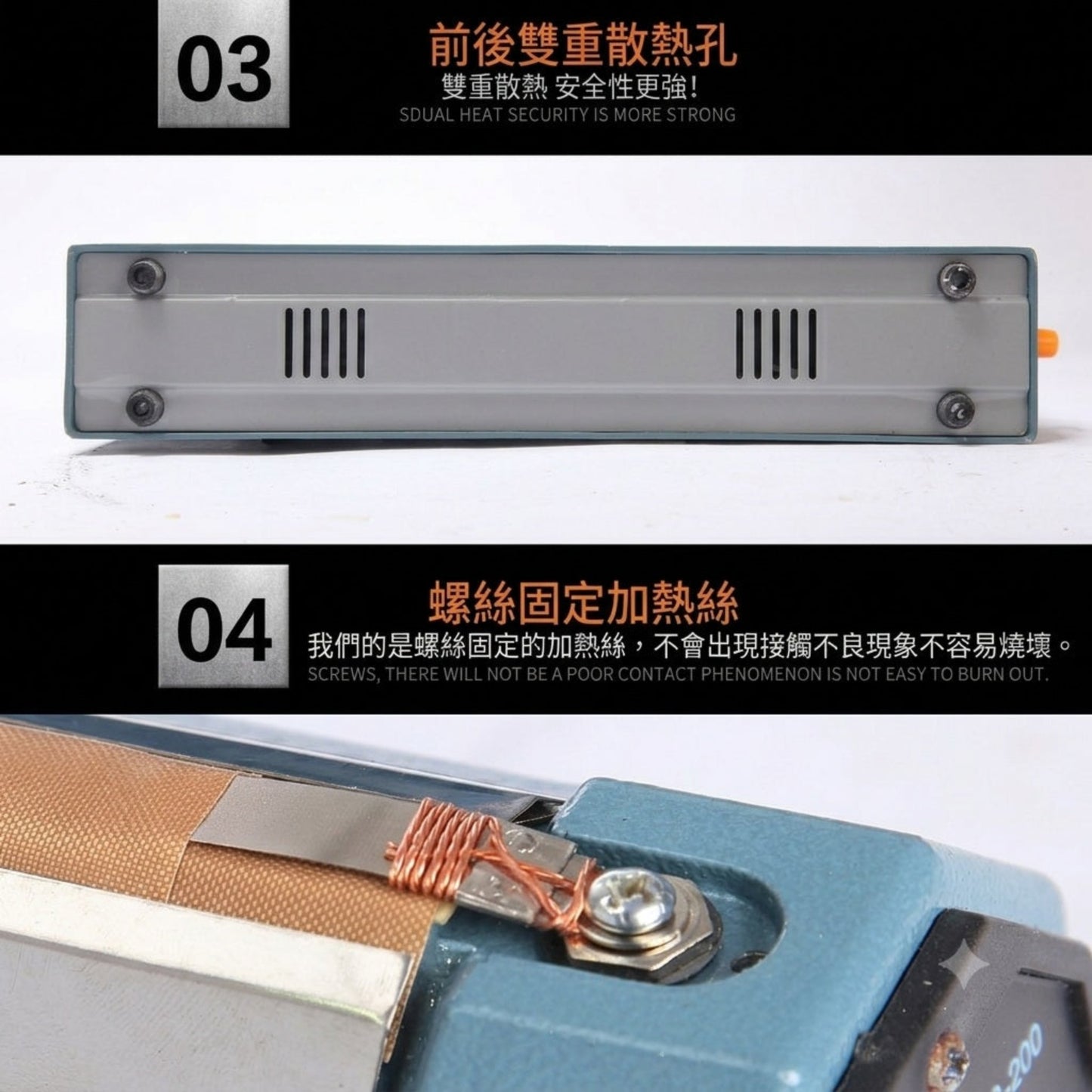 底部設有前後雙重散熱孔，提升安全性；採用螺絲牢固固定加熱絲，接觸良好不易燒壞，確保長時間穩定運作。