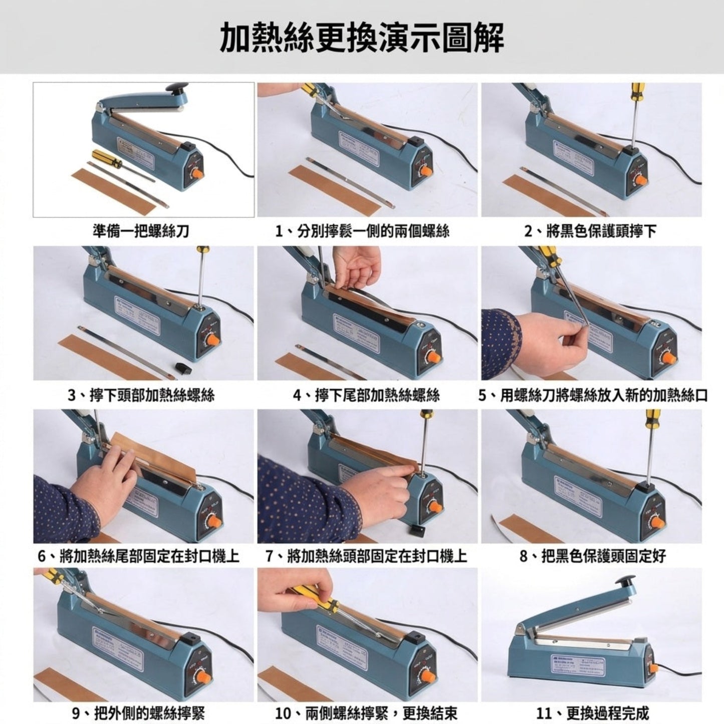PFS-300 封口機加熱絲輕鬆更換步驟圖解。如遇任何硬體操作問題，歡迎隨時親臨門市，由專人即場提供技術指導。