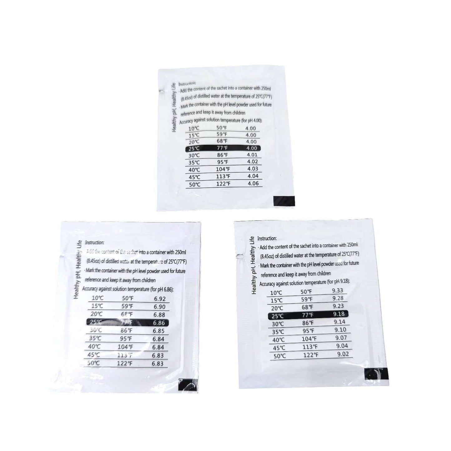 Instructions for preparing pH 4.00 buffer solution with temperature accuracy chart.
