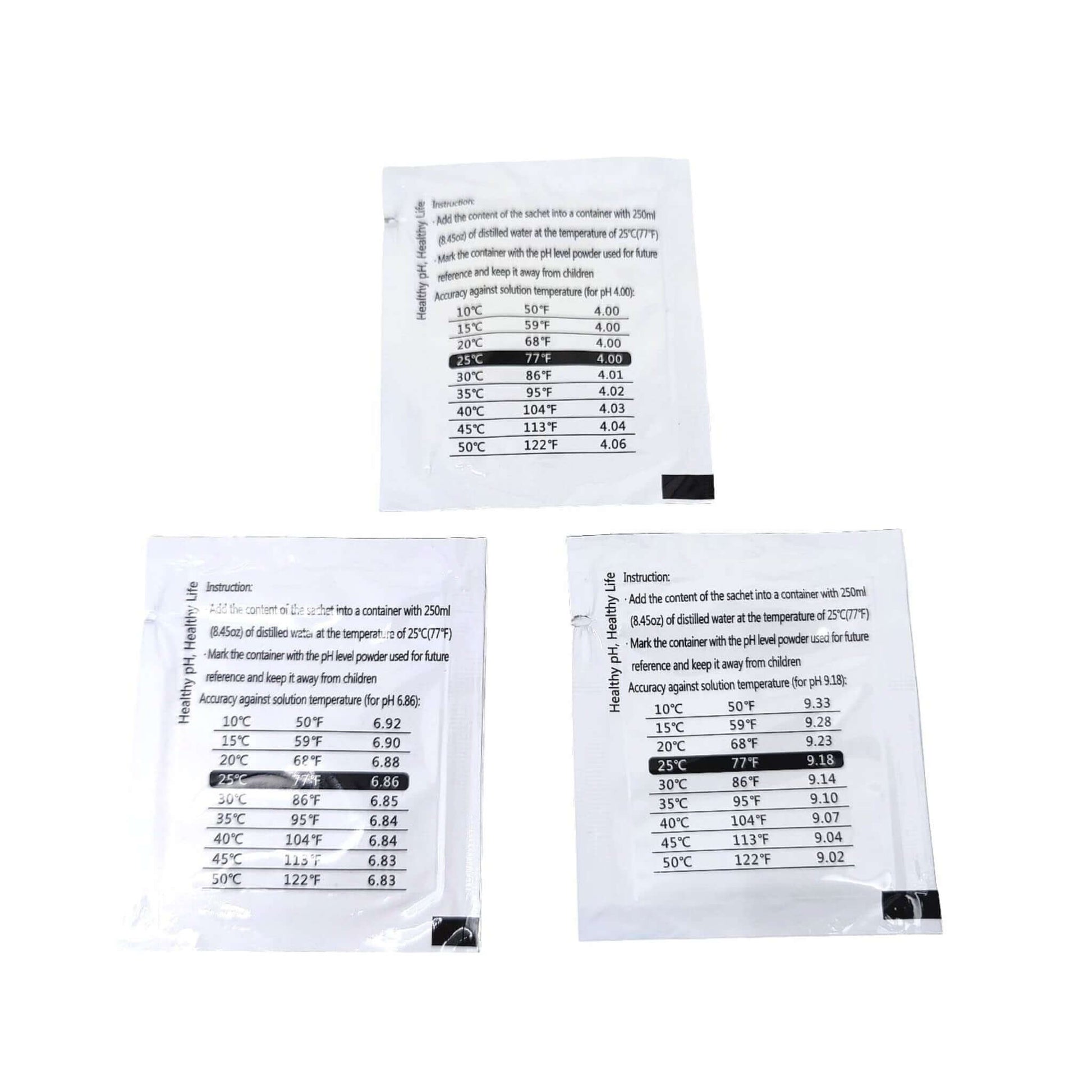 Instructions for preparing pH 4.00 buffer solution with temperature accuracy chart.