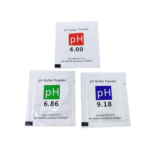 Set of pH 4.00, 6.86, 9.18 buffer calibration powders for pH test meters.