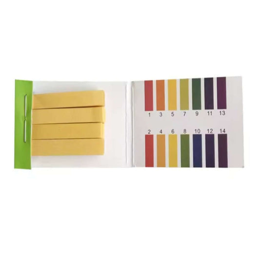 pH test strips showing color chart for 1-14 range, ideal for aquarium and freshwater testing.
