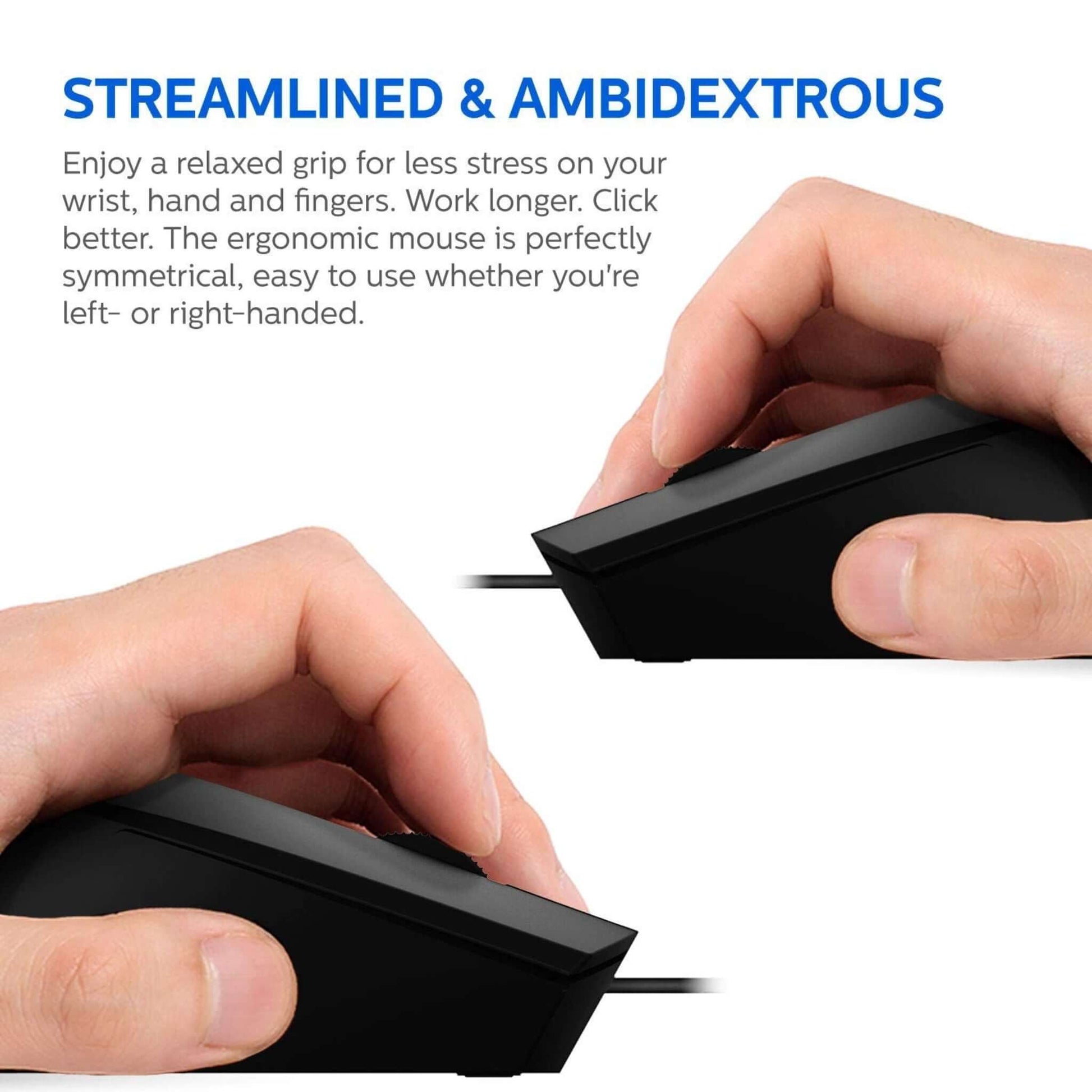 Two hands demonstrating the Philips C234 ambidextrous, symmetrical mouse, suitable for left- or right-handed use.