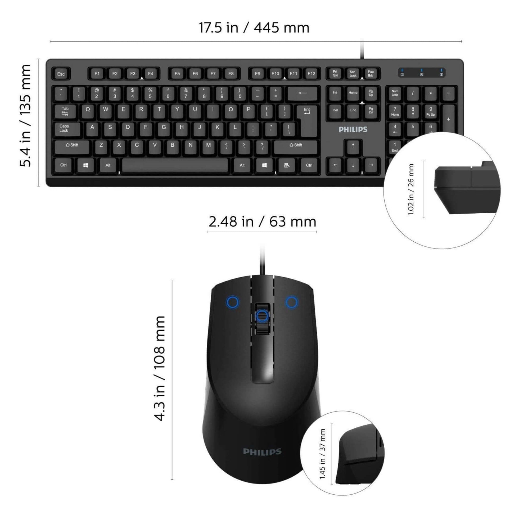 Dimensions of the Philips C234 wired keyboard (445x135mm) and mouse (108x63mm), black color.
