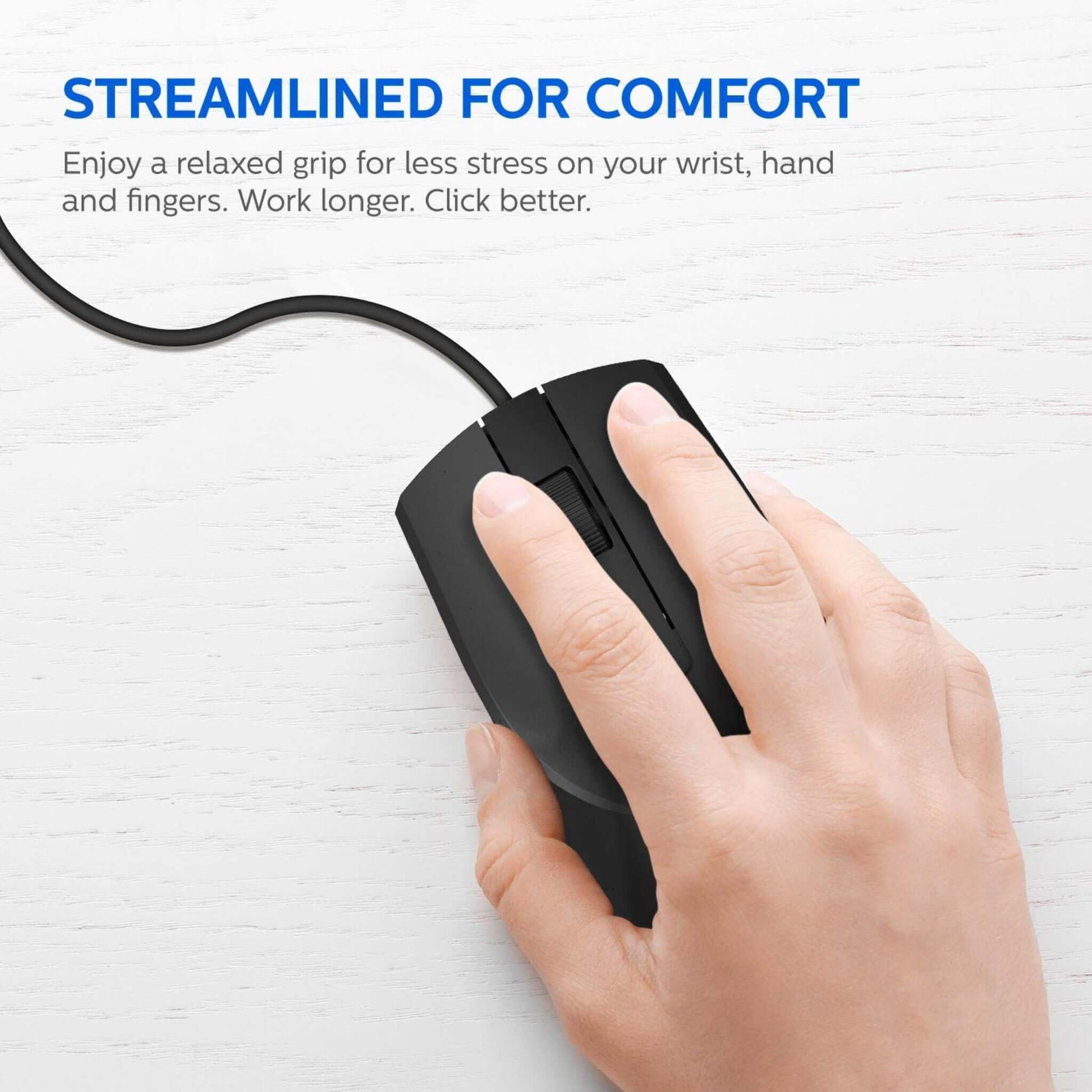 Hand gripping the Philips C234 mouse, designed for comfortable, relaxed grip to reduce wrist and finger stress.
