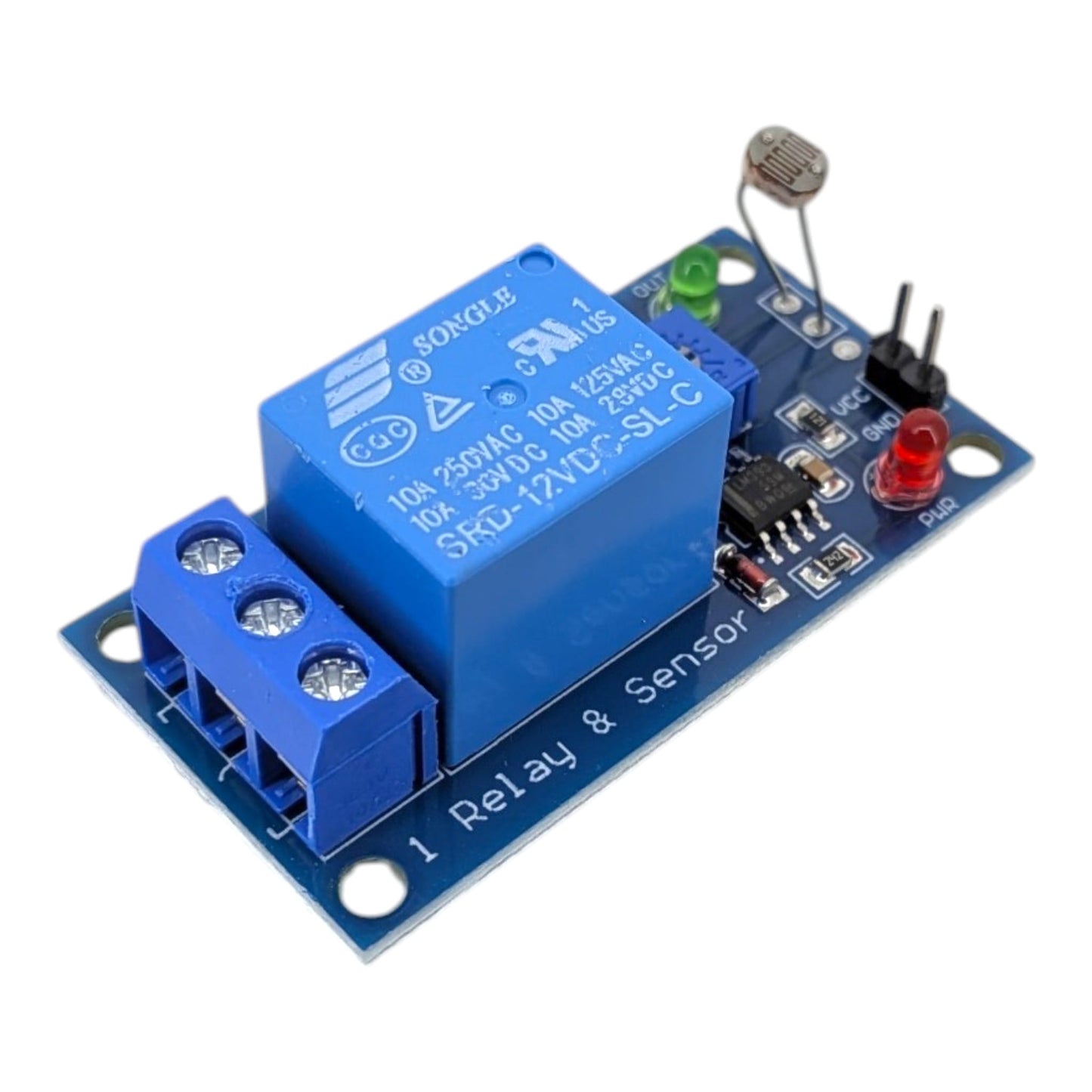 5V/12V 光敏電阻繼電器模組頂部視圖，展示藍色繼電器、LM393 晶片及光敏探頭，適合香港 STEM 教學。