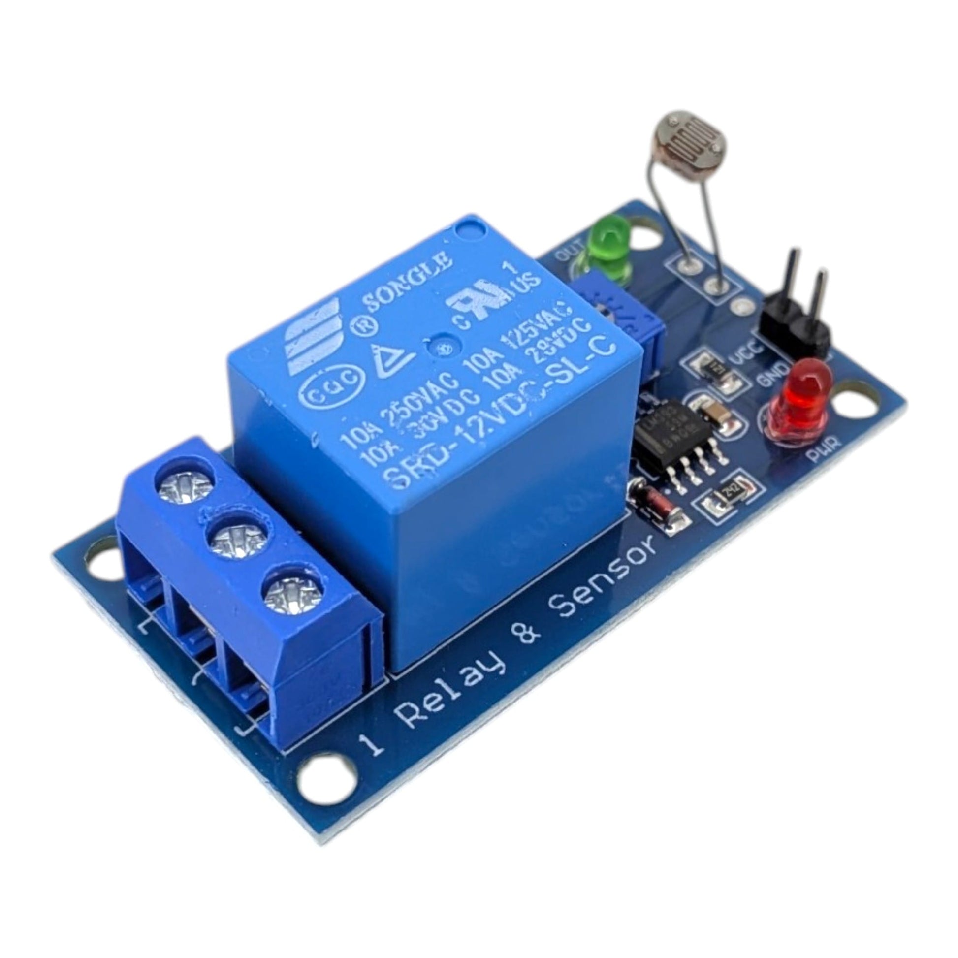 5V/12V 光敏電阻繼電器模組頂部視圖，展示藍色繼電器、LM393 晶片及光敏探頭，適合香港 STEM 教學。