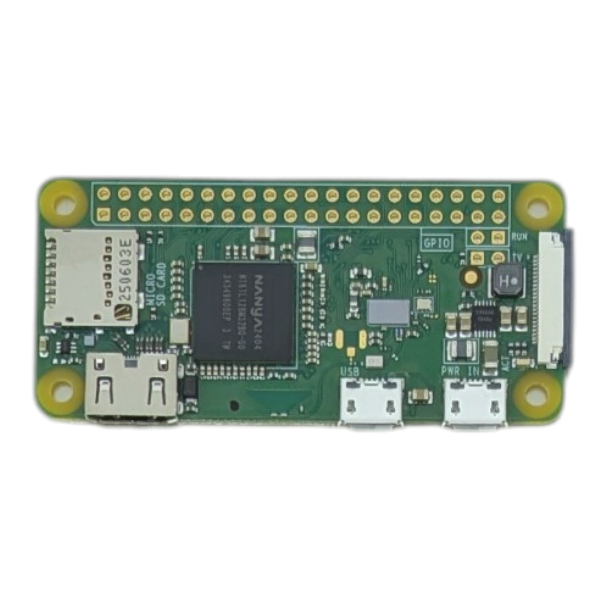 Flat top view of the Raspberry Pi Zero W highlighting the compact layout of the 1GHz ARM11 processor and 512MB RAM.