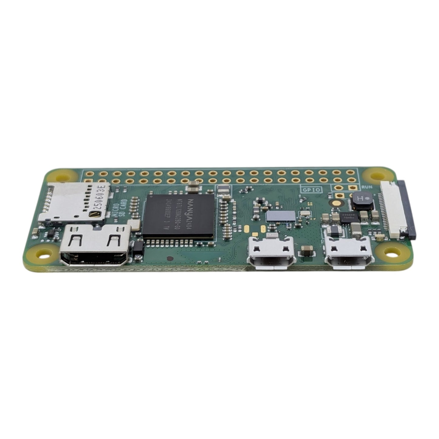Close-up of the mini HDMI and micro-USB power and data ports on the Raspberry Pi Zero W edge.