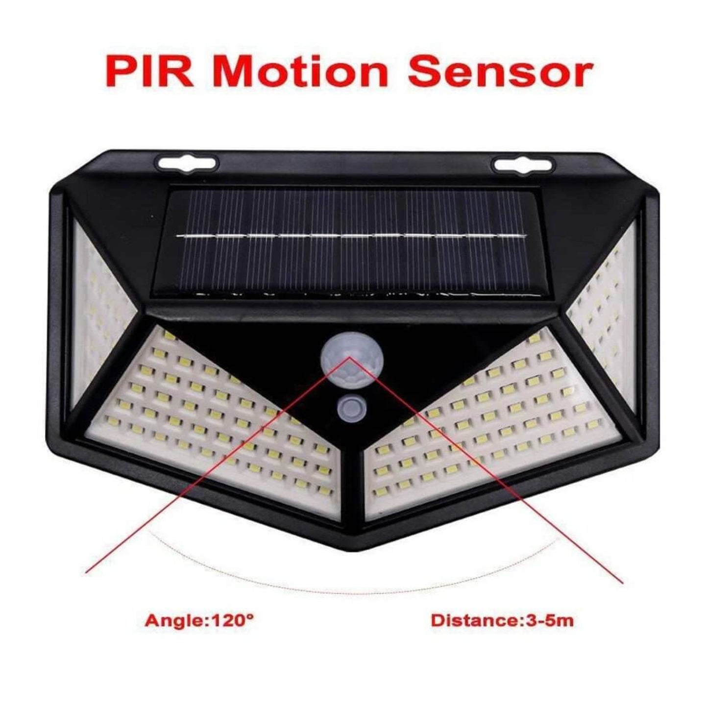 Diagram showing the 120-degree PIR motion sensor detection angle and 3-5 meter range of the solar wall light.
