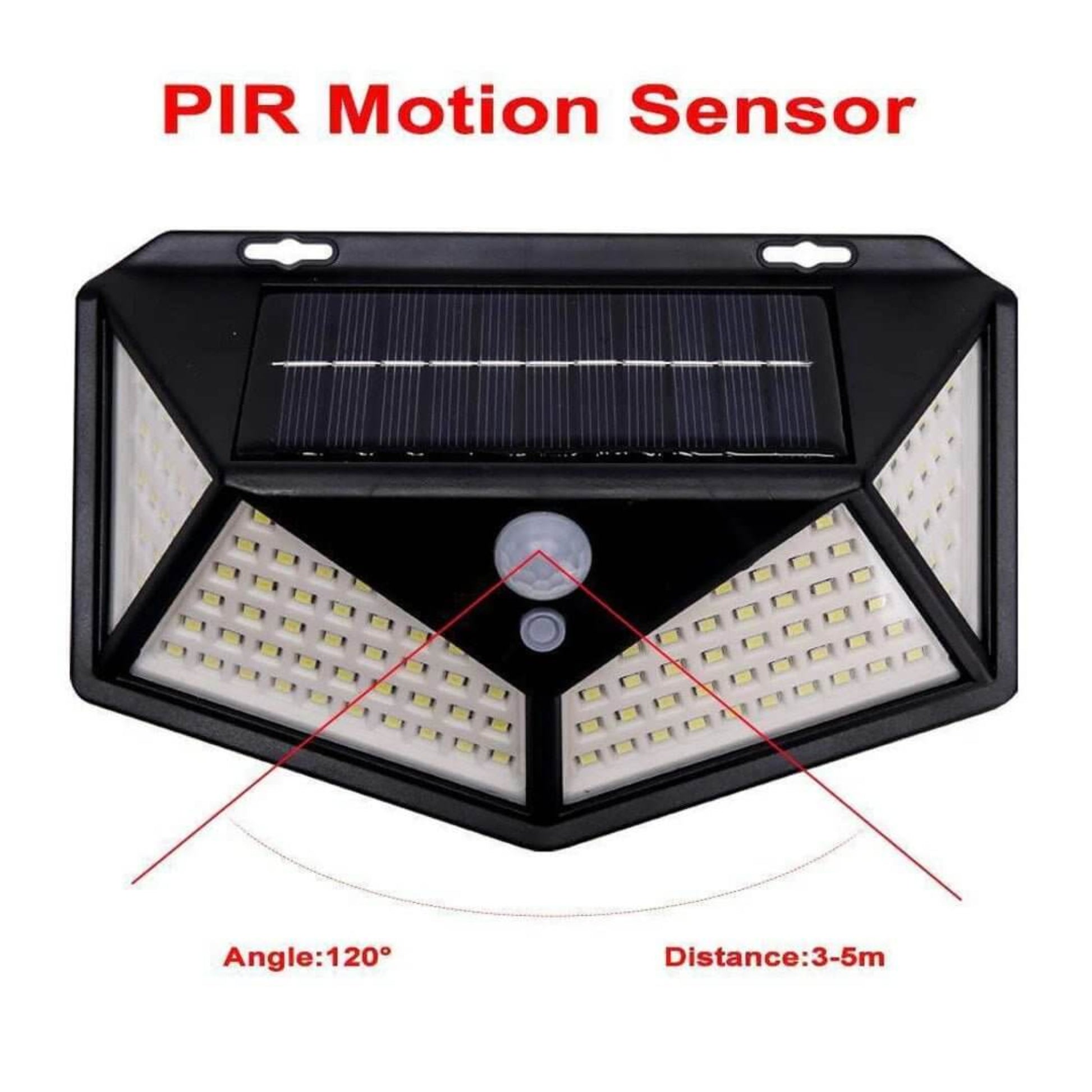 Diagram showing the 120-degree PIR motion sensor detection angle and 3-5 meter range of the solar wall light.