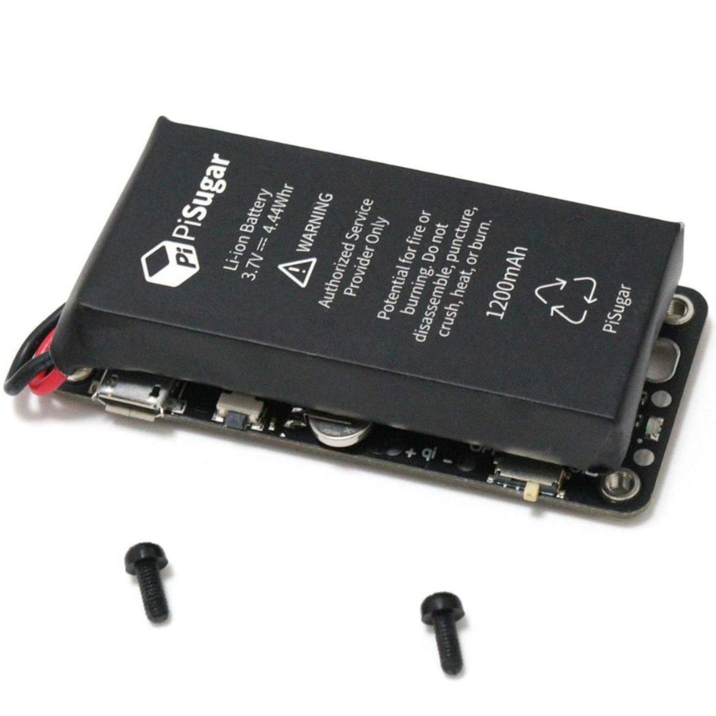 PiSugar2 1200mAh UPS lithium battery module for Raspberry Pi Zero, shown with two black mounting screws.