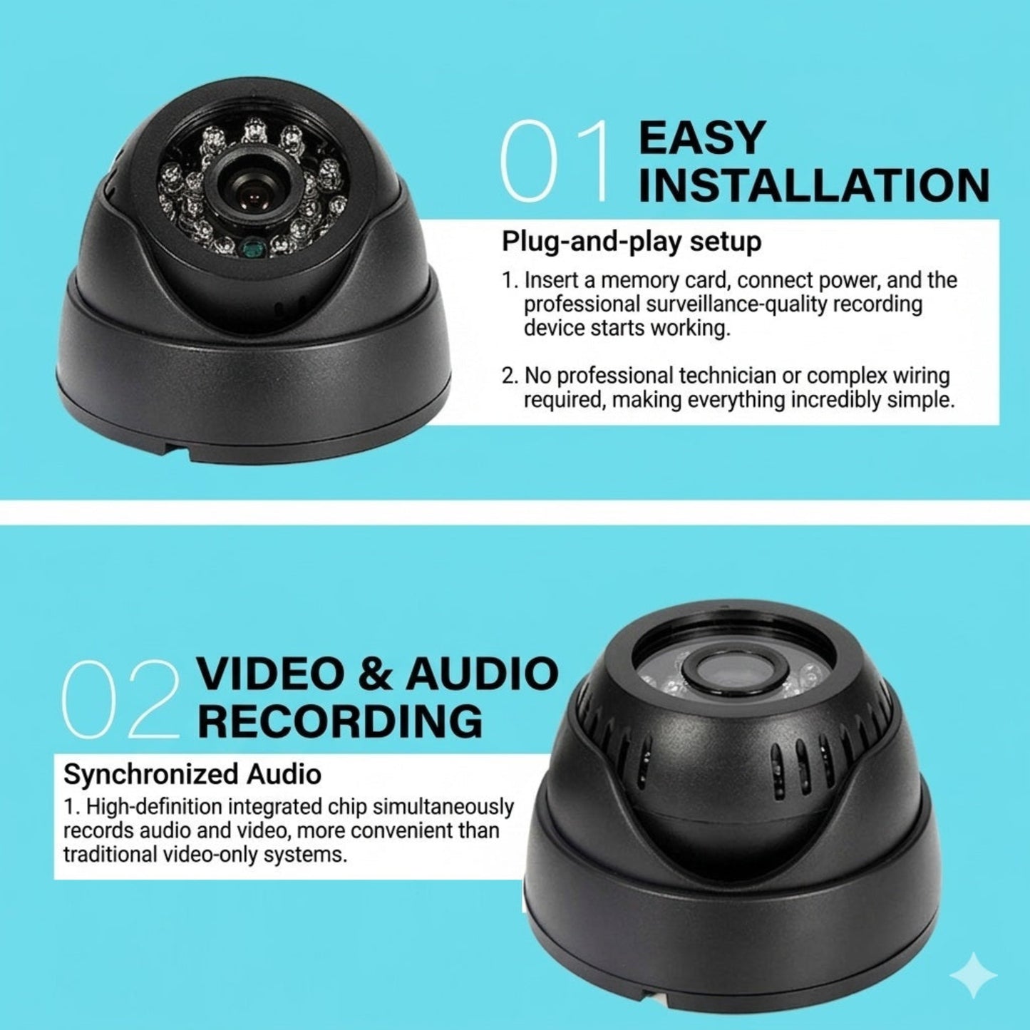 Easy plug-and-play installation for TF card dome camera