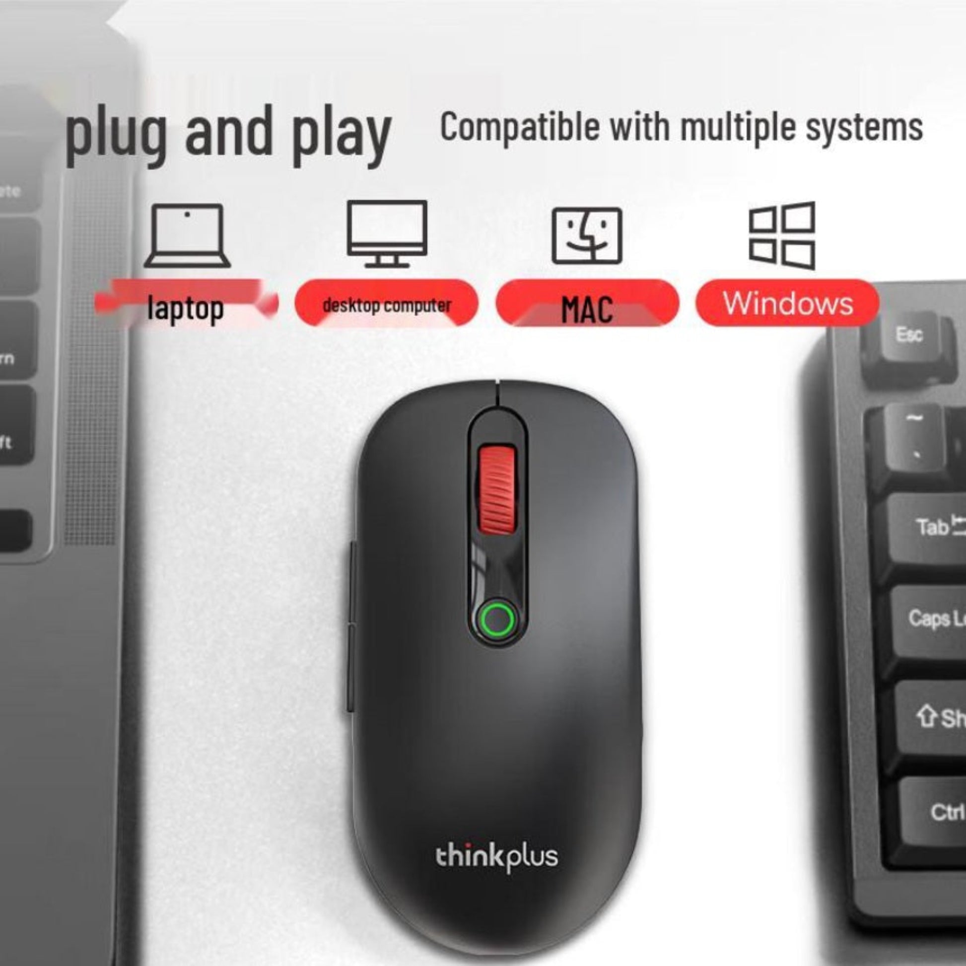 Plug and play wireless mouse compatible with laptop, desktop, Mac, and Windows systems.