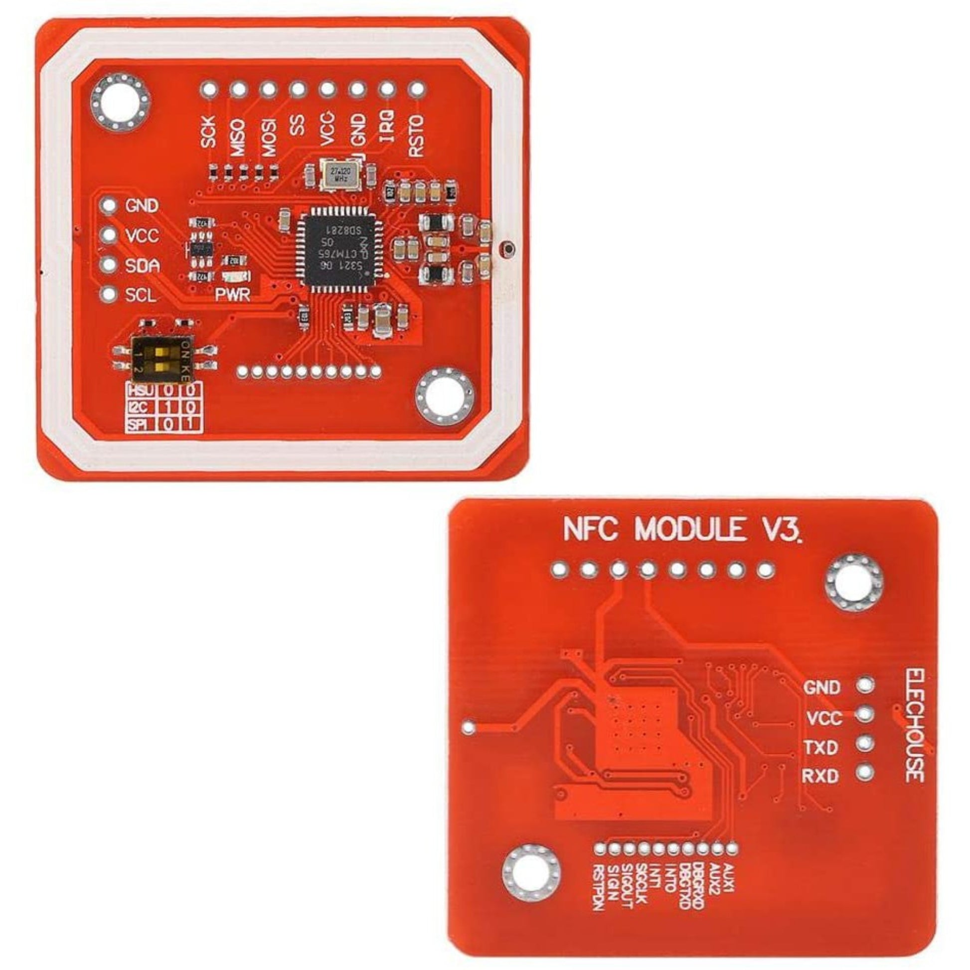 Top view of PN532 module showing I2C SPI HSU interface pins and gilt PCB.