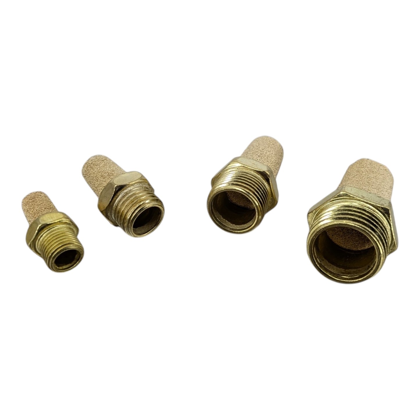 Detailed view of the solid brass hex base on the pneumatic muffler, designed for secure wrench installation.