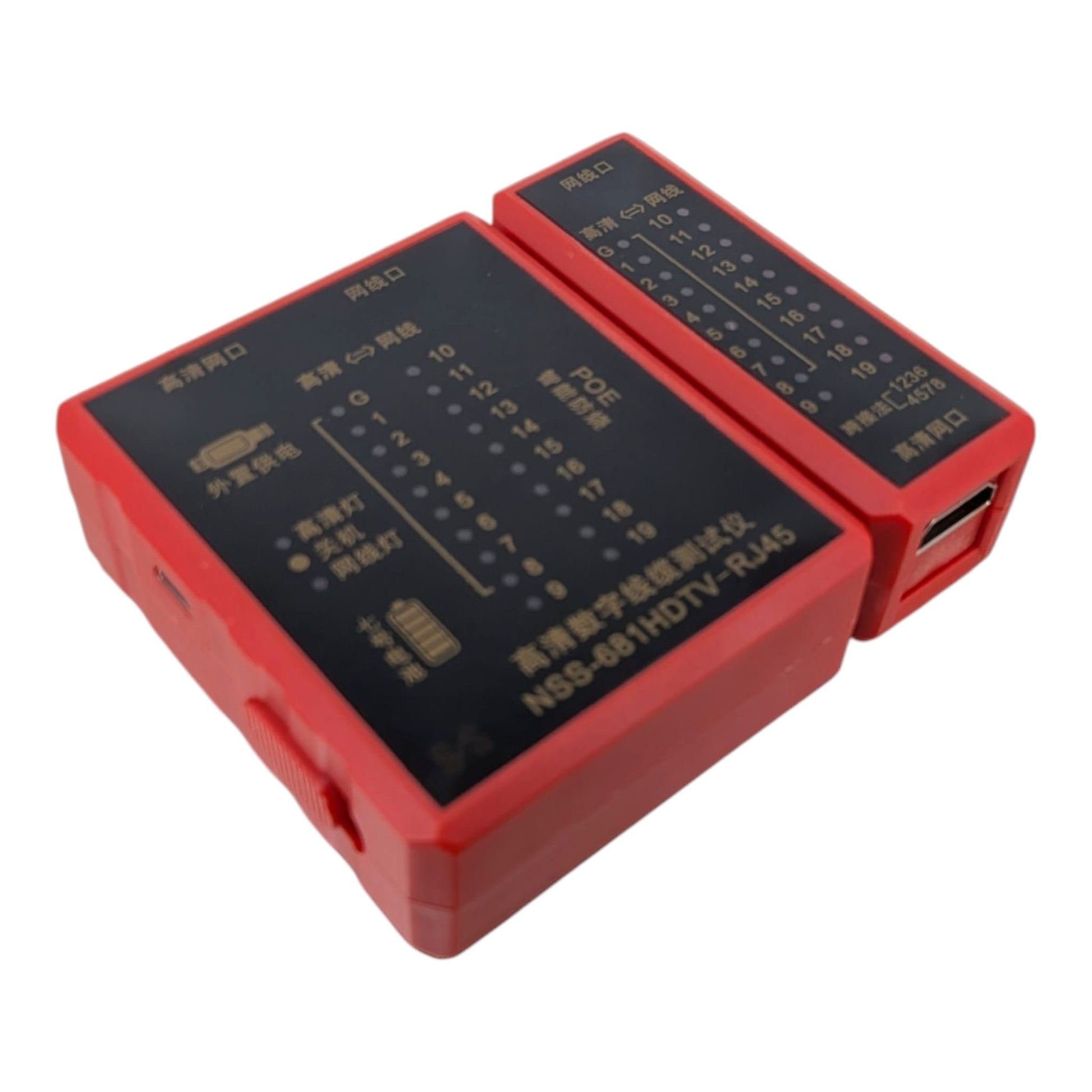 測線器控制面板特寫，清晰標示 POE 智能防燒功能，帶電測試網絡線亦不怕燒毀內部底板。