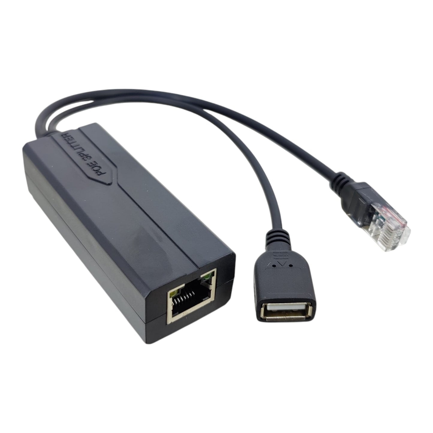 Close up of RJ45 male data and USB female power connectors on PoE splitter