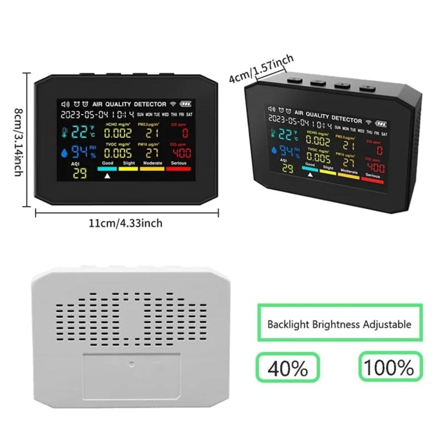 Dimensional view of air quality monitor showing 11cm width and adjustable 40% to 100% backlight brightness settings.
