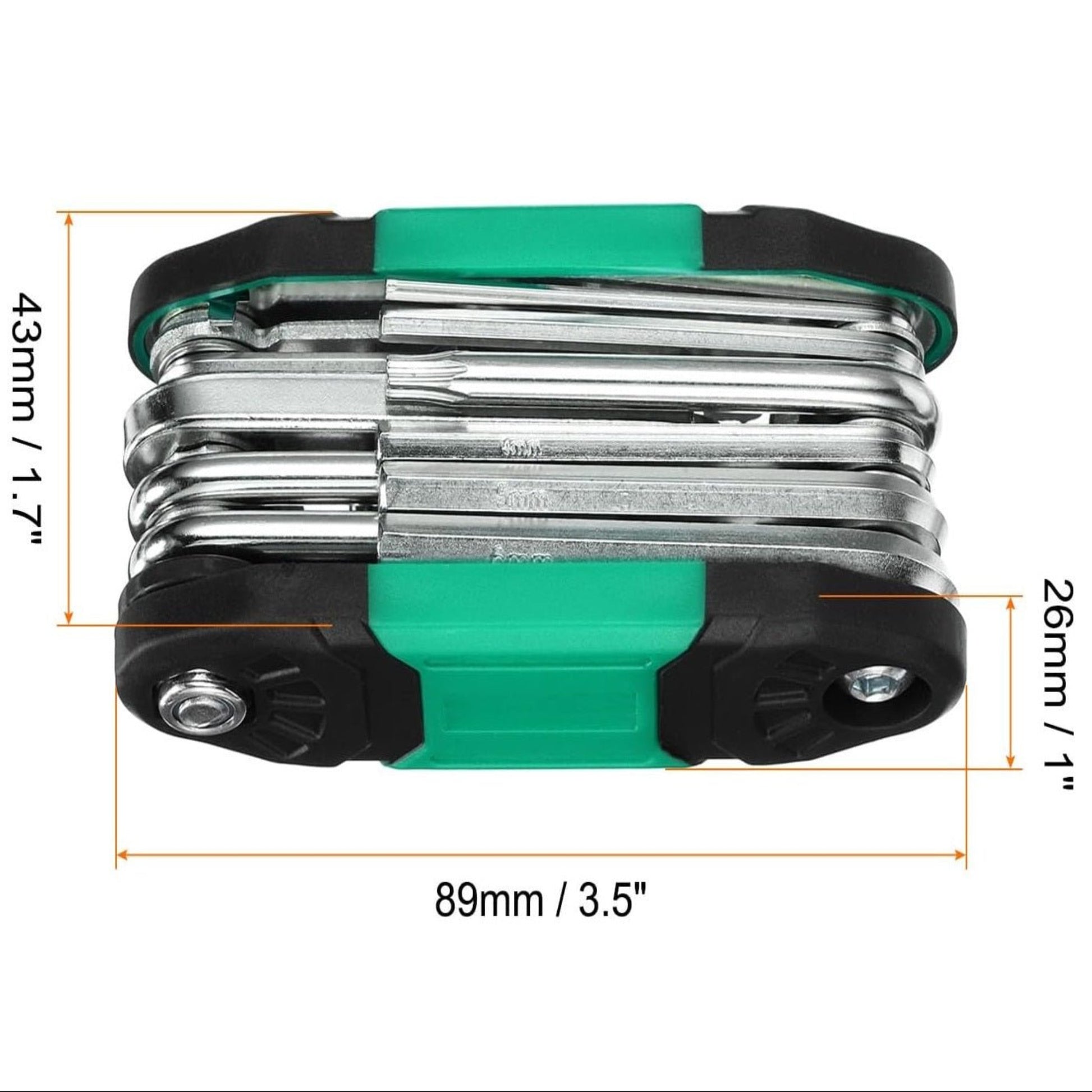 Portable multi-function repair tool wrench, compact bicycle multitool with dimensions: 43x46mm, thickness 26mm.