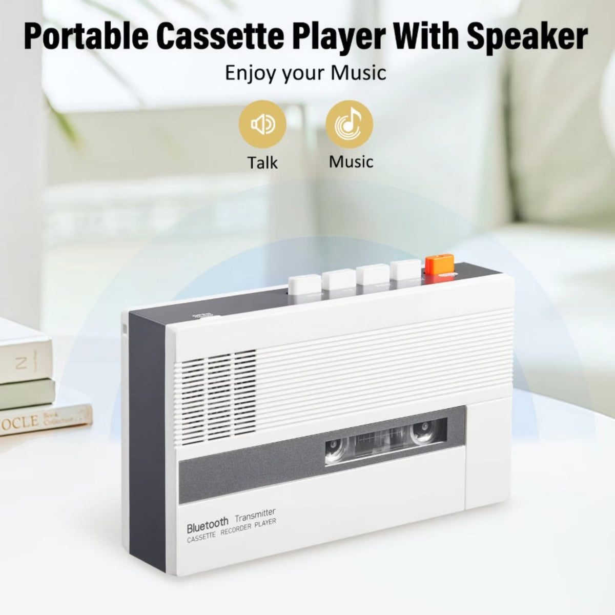 Front view of white portable cassette player showing built-in speaker grille and tape window