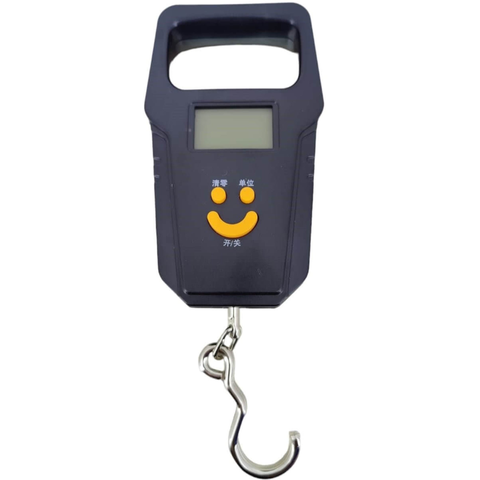 Black handheld digital scale full product shot with comfortable handle and metal hook.
