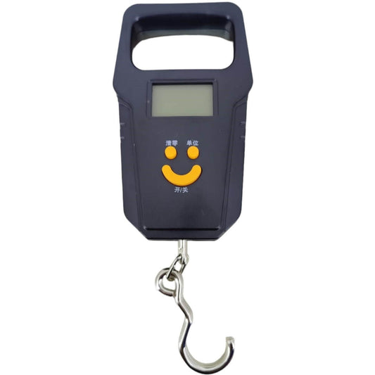 Black handheld digital scale full product shot with comfortable handle and metal hook.