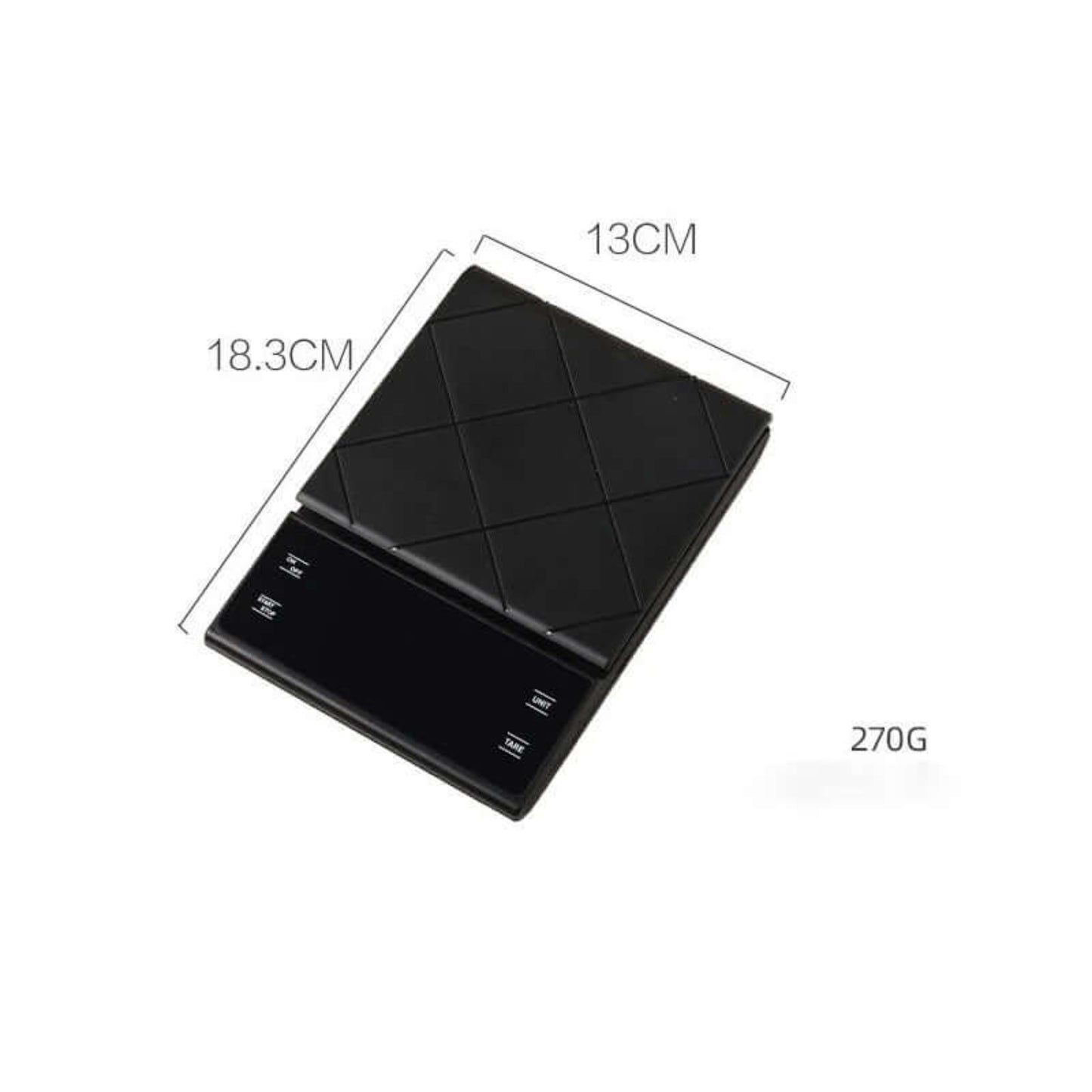 Portable kitchen electronic scale dimensions and weight info: 18.3cm x 13cm, 270g.