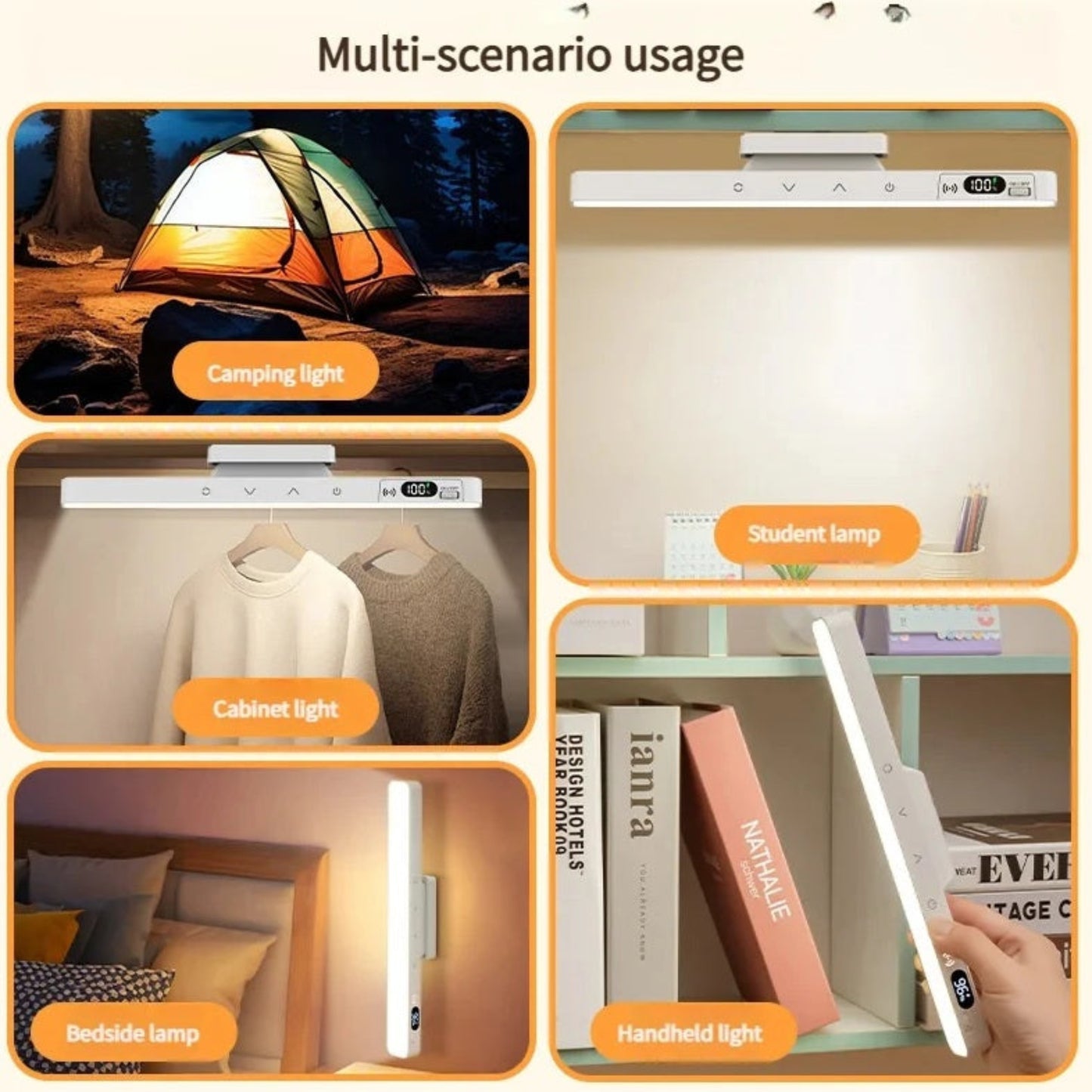 Versatile usage examples including camping light, cabinet light, student lamp, and handheld flashlight.