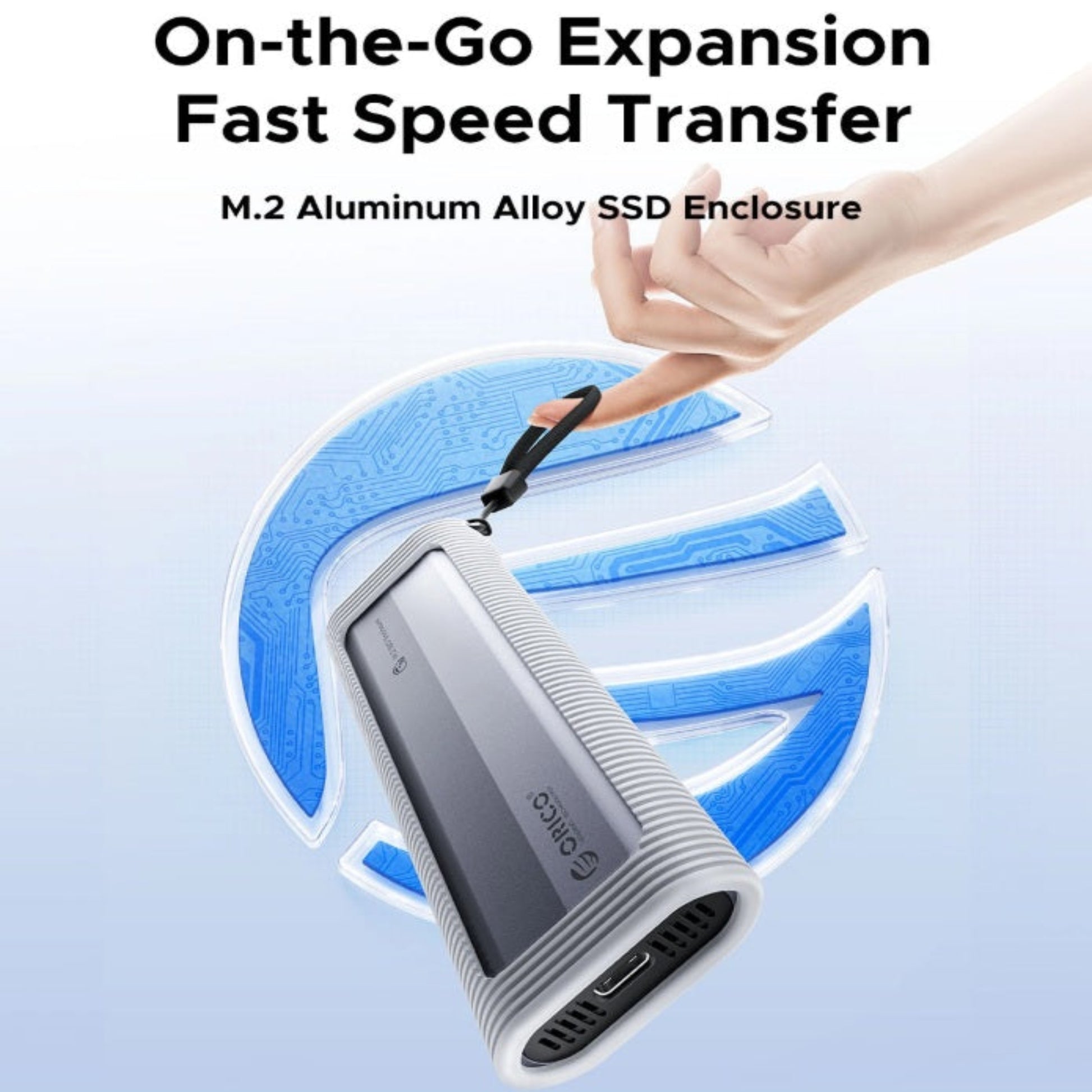 Slim aluminum M.2 SSD case with lanyard for portable high-speed data storage and expansion.