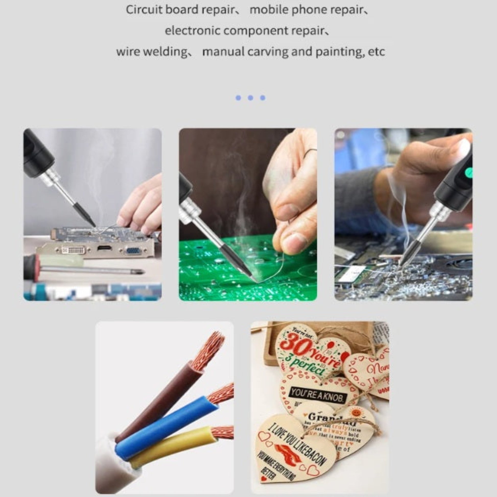 Wireless soldering iron applications: PCB repair, mobile phone repair, and DIY wire welding.