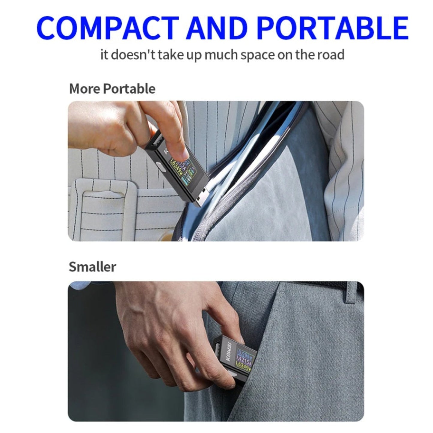 Compact and portable KWS-MX23 USB voltage tester being placed in a pocket and travel bag for easy transport.
